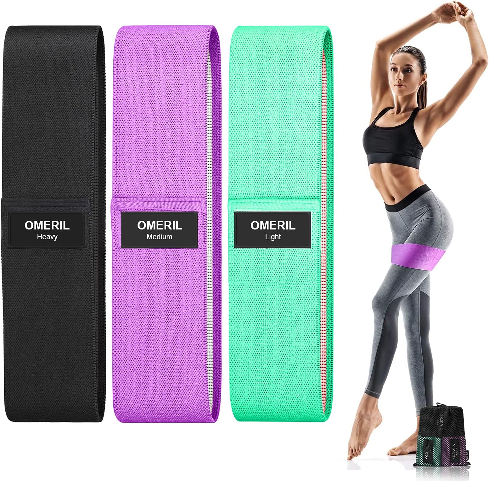 EAYIRAOMERIL Resistance Bands Set, 3 Packs Fabric Workout Bands with 3 Resistance Levels, Non-Slip Exercise Bands Elastic Resistance Loops with Carrying Bag for Legs and Butt Hips & Glutes