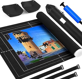 Jigsaw Puzzle Mat Roll Up Fits 2000 1500 1000 Pieces Puzzles, Large Pad Portable Table Non-Slip Board Saver Mats with 2 Sorting Trays, Inflatable Tube, 3 Straps, Keeper Storage Bag, Adults Kids Gifts