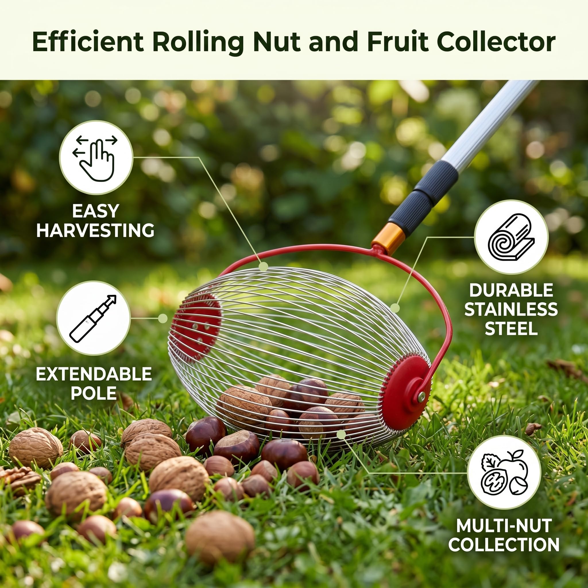 Recolector de Nueces de Acero Inoxidable, Duradero, Eficiente con Altura Ajustable para Diferentes Alturas, Amplias Aplicaciones para Recolección de Nueces
