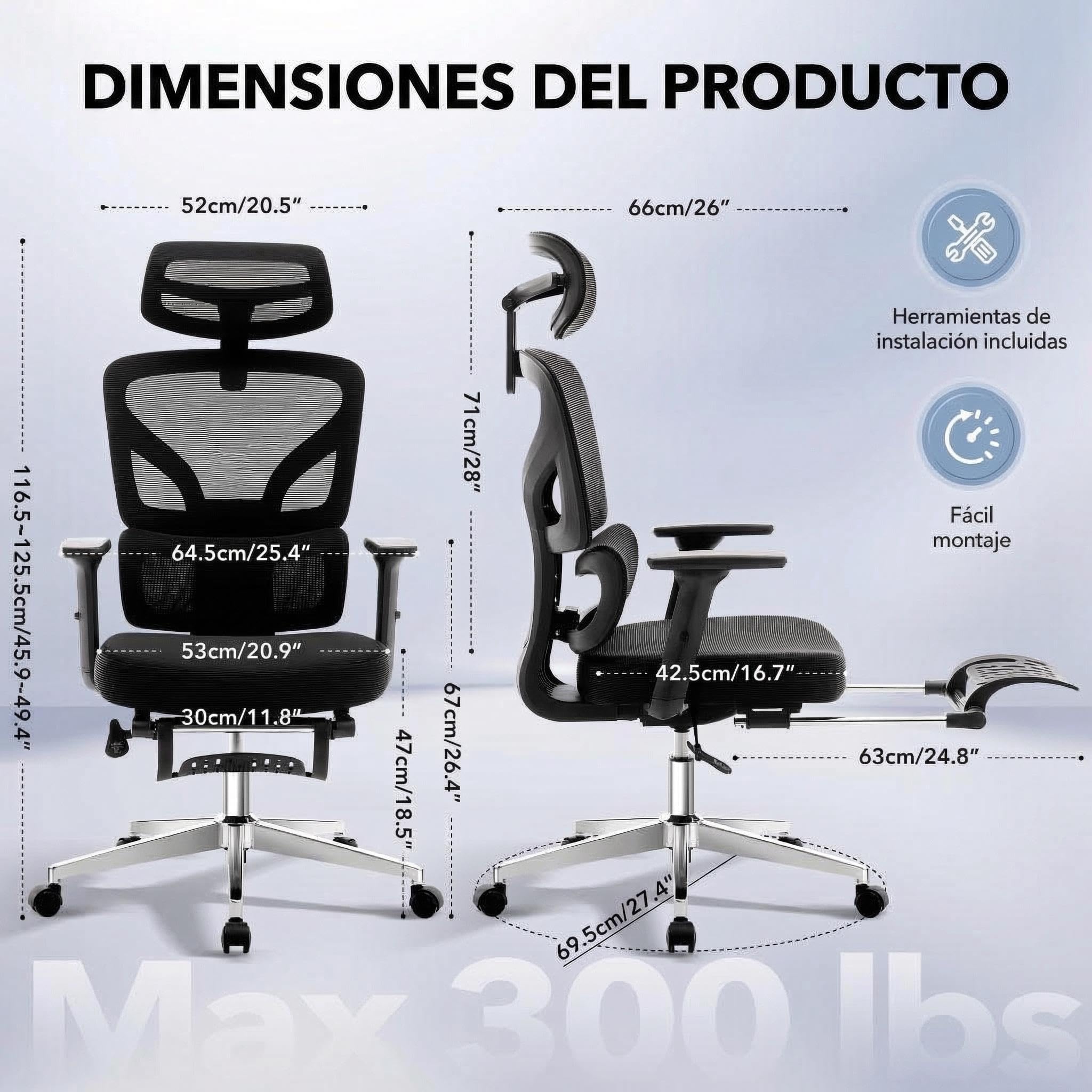 Garvee Silla Escritorio Ergonómica con Base Metálica Sin Color | Con Soporte Lumbar Ajustables,Reposacabezas y Apoyabrazos,Malla Giratoria,Reclinable y Móvil,Carga máx. 136 kg,Con reposapié