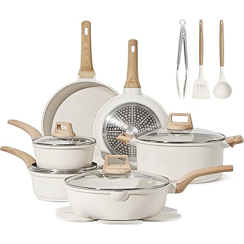 CAROTE 16 Piece Pots and Pans Set Nonstick, White Granite Cookware Sets Induction Cookware, Non Stick Cooking Set w/Frying Pans & Saucepans (PFOS, PFOA Free)