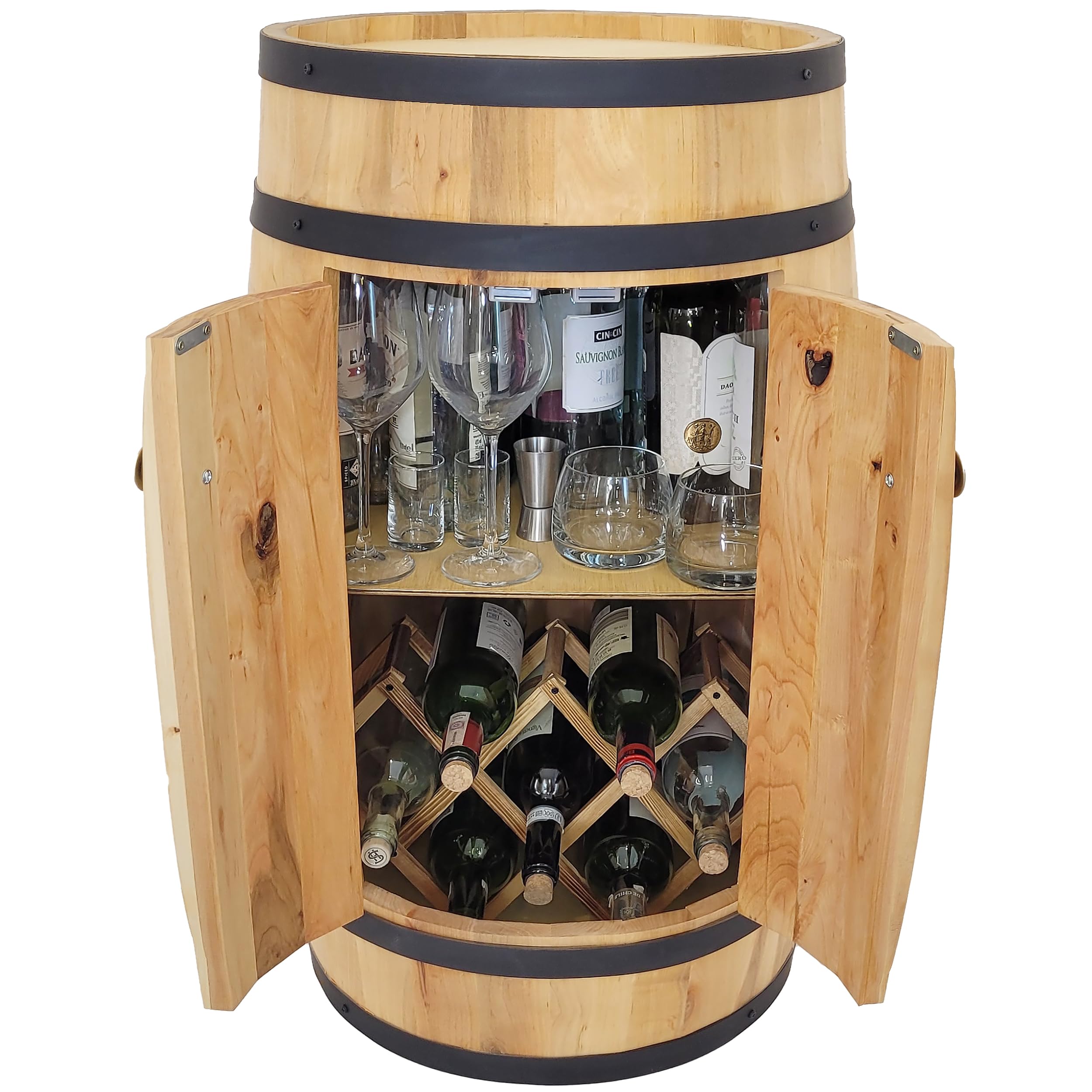 weeco Barel Bar with Door and Wine Holder – Wine Rack 80 x 50 cm Barel Bar, Wooden Barrel, Wooden Home Bar, Living Room