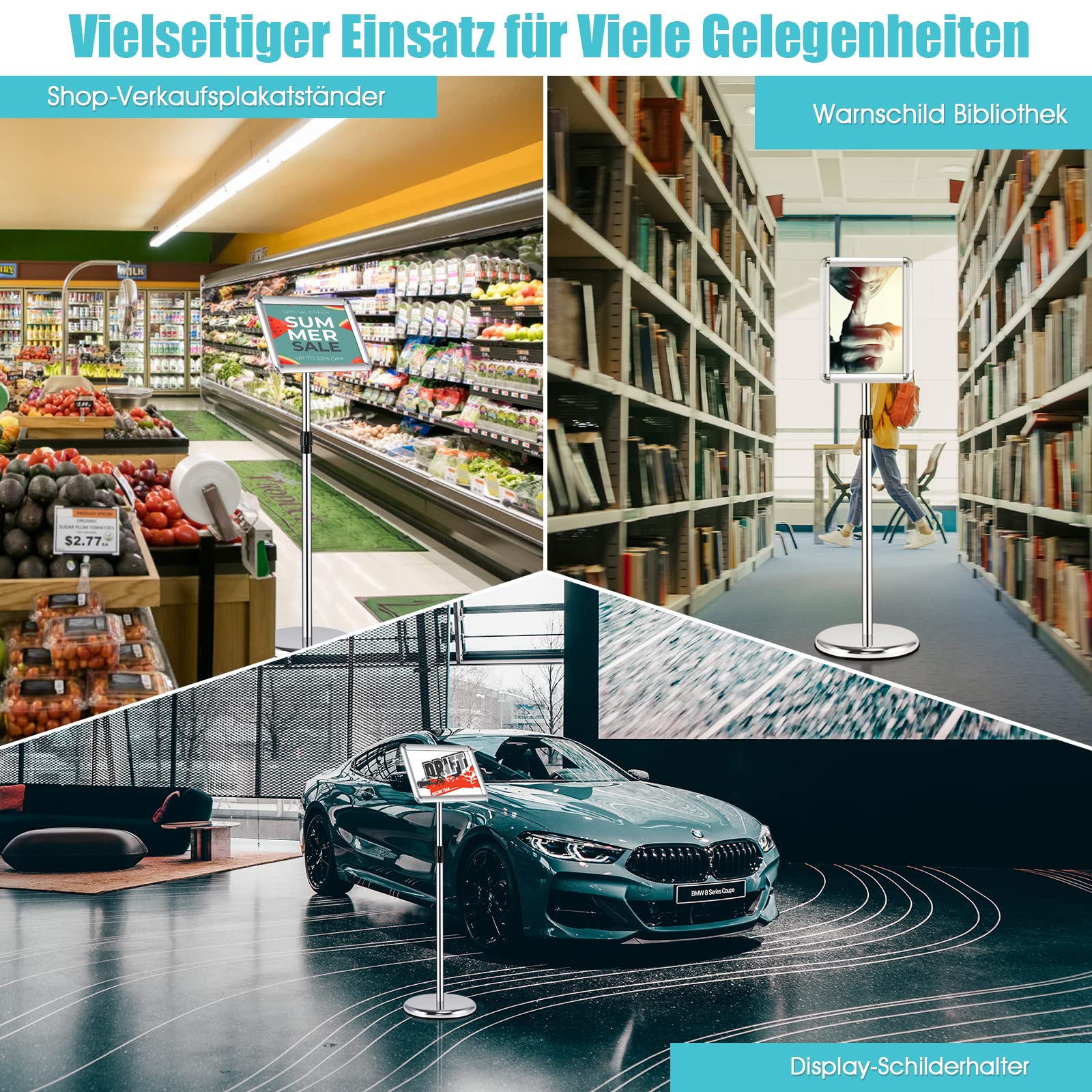 COSTWAY Infoständer A4 höhenverstellbar, 2er Set Informationsständer, Plakatständer drehbar und schwenkbar, Kundenstopper Präsentationsständer Werbeständer (Silber)