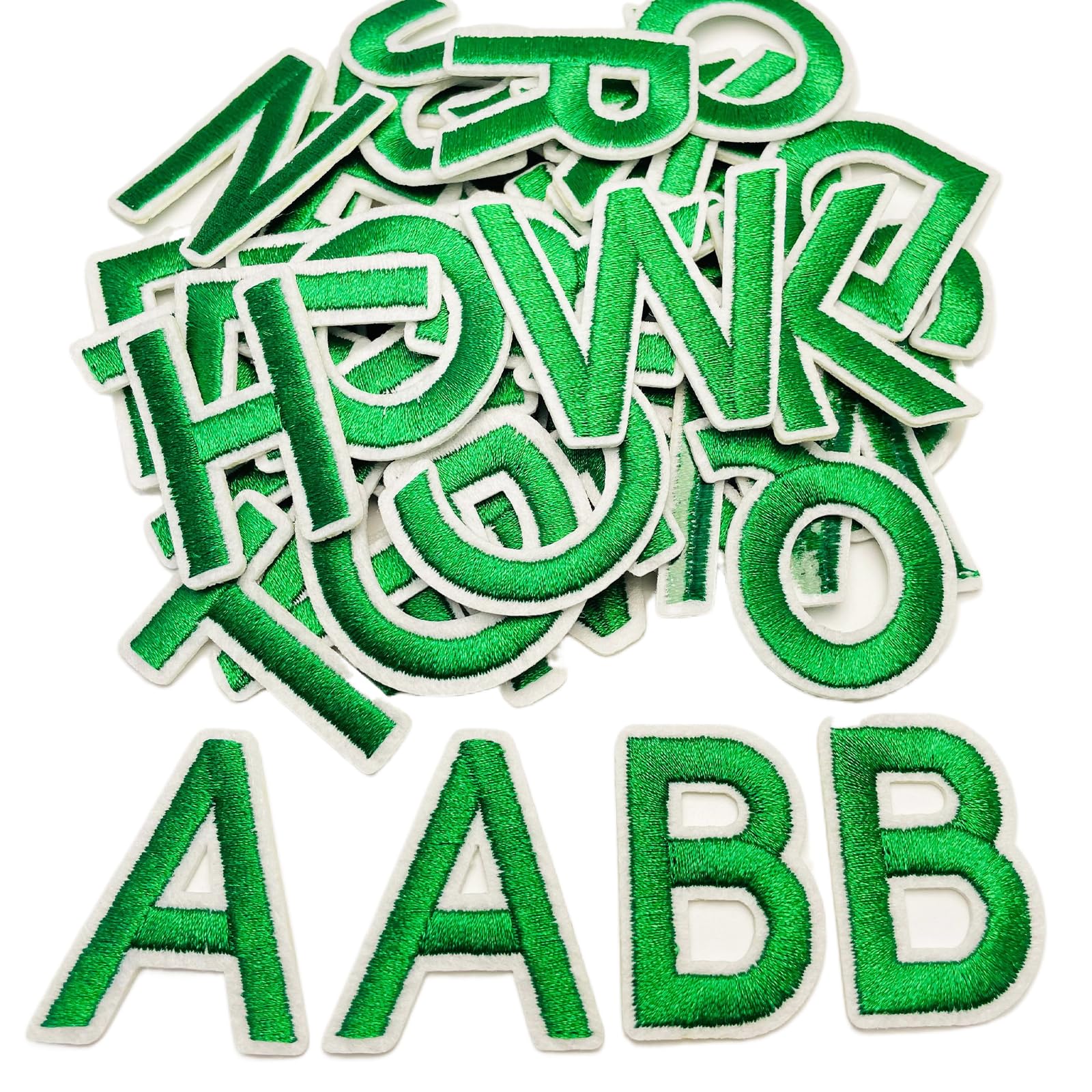 Jongdari 55pcs Iron On Letters Patches for Clothing, 1.5" Embroidery Alphabet Letterman Jacket Patche A-Z Applique for Backpack & Fabric (Green)