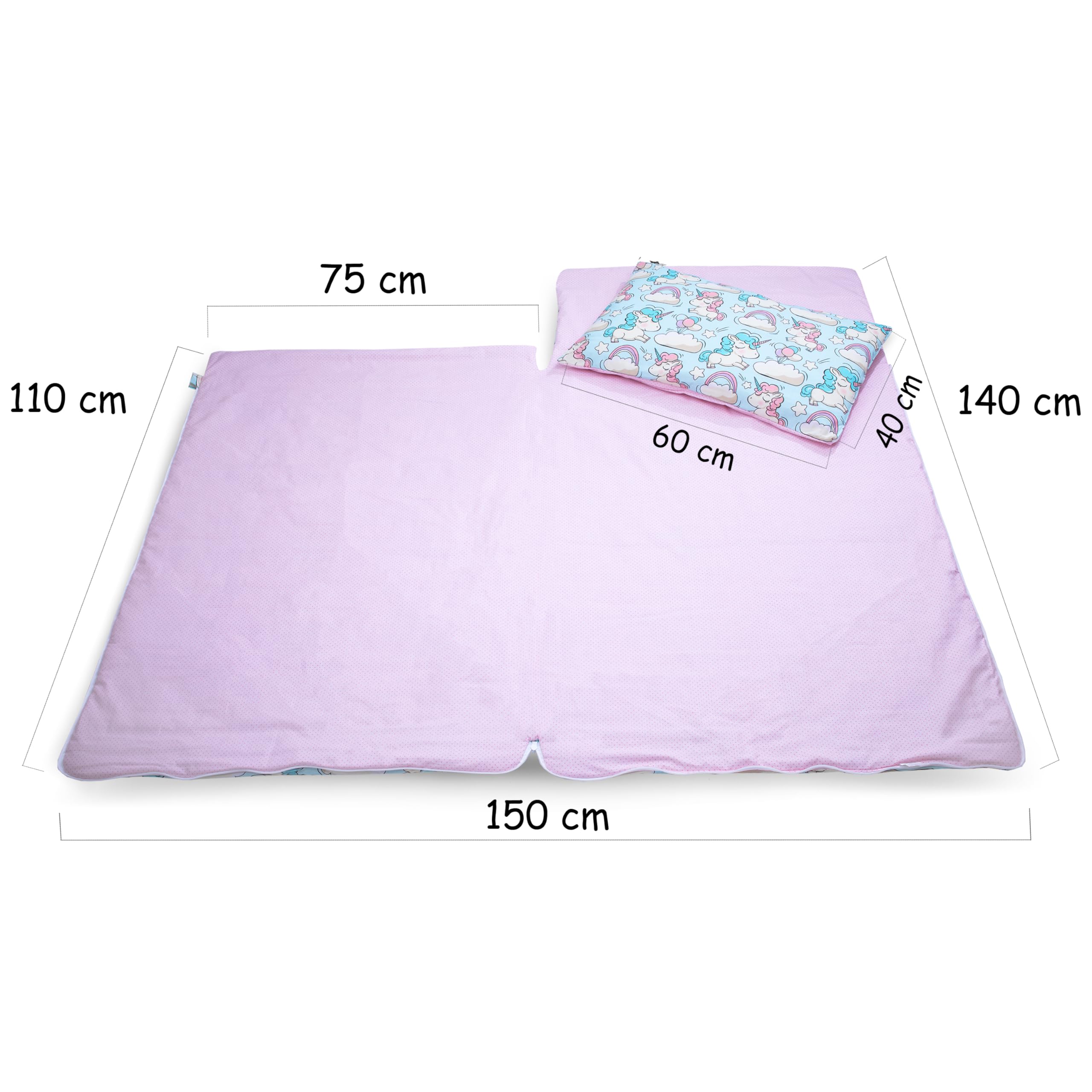 PinkZebra Schlafsack Kinder 140x75 cm mit Kissenbezug 60x40 cm & Beutel, Öko-Tex, Einhorn