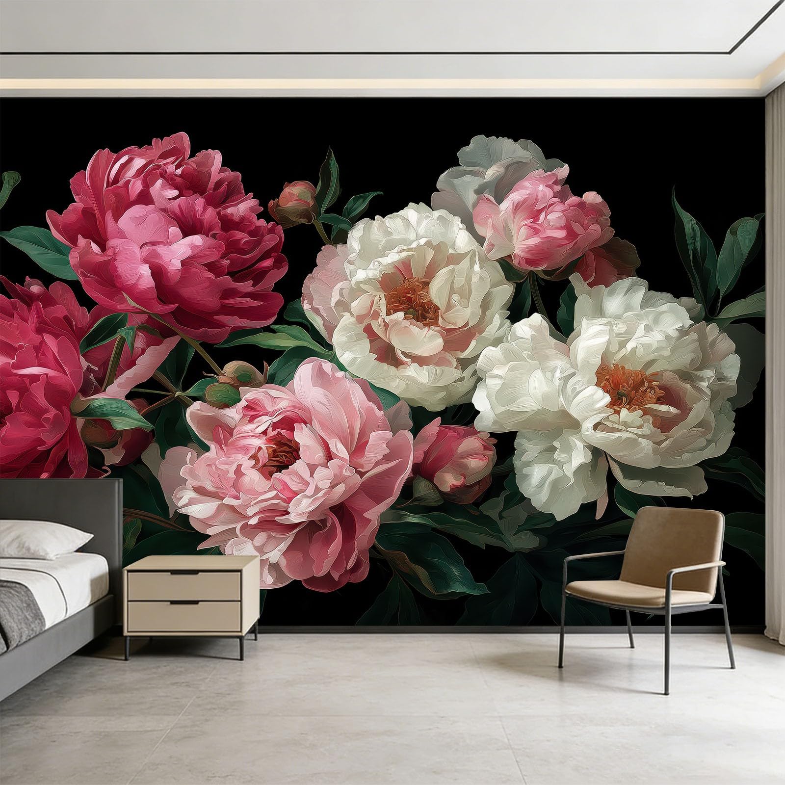 Générique 500 x 280 cm Tapeta z nadrukiem 3D akwarelowa piwonia nowoczesny gobelin ścienny z włókniny, dekoracja ścienna, ekologiczna, do salonu sypialni, czarna