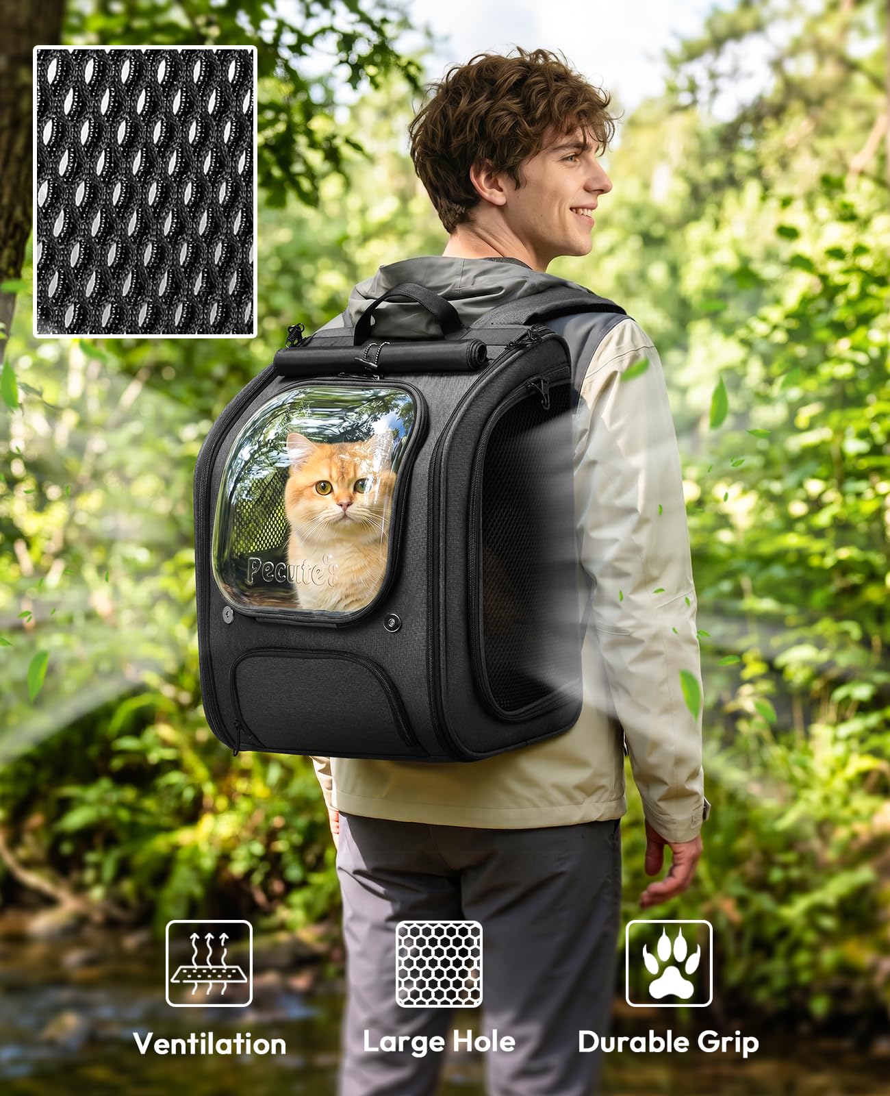 Pecute Mochila Transportadora para Gatos con Burbuja - Espacio Amplio y Estable, Visera Transpirable, Ideal para Viajes, Senderismo, Escalada, visitas al Veterinario con Mascotas, Negro