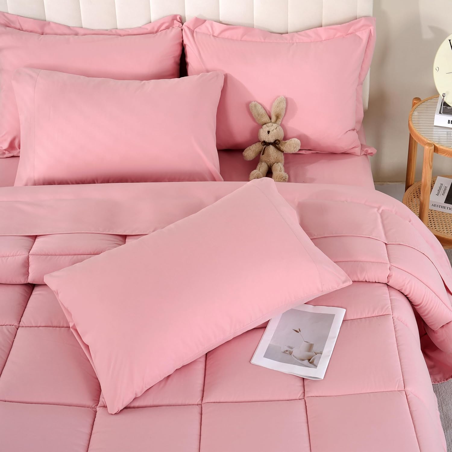 DOWNCOOL Full Size Comforter Sets, 7Pcs Full Size Bedding Sets Pink, All Season Down Alternative Bedding Comforter Sets with Comforter, Flat Sheet, Fitted Sheet, 2 Pillow Shams & 2 Pillowcases