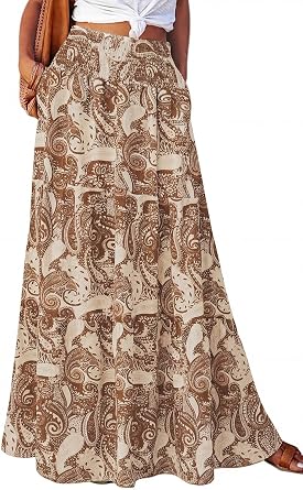 PRETTYGARDEN Summer Boho Floral Maxi Skirts for Women 2026 Elastic High Waist Flowy Beach Vacation Long Skirt with Pockets