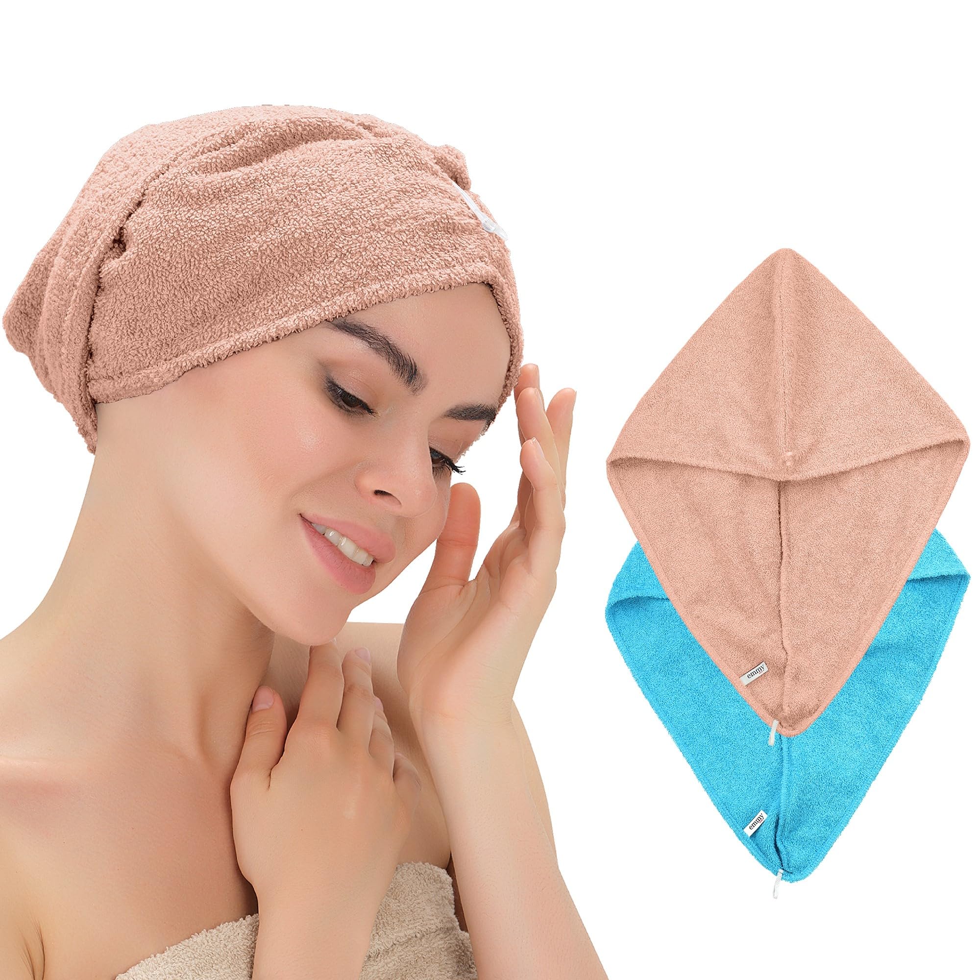 Emmy Home Turbante para el pelo, 100 % algodón, 2 unidades, secado rápido, turbante con botón, toalla para el pelo (rosa y azul)