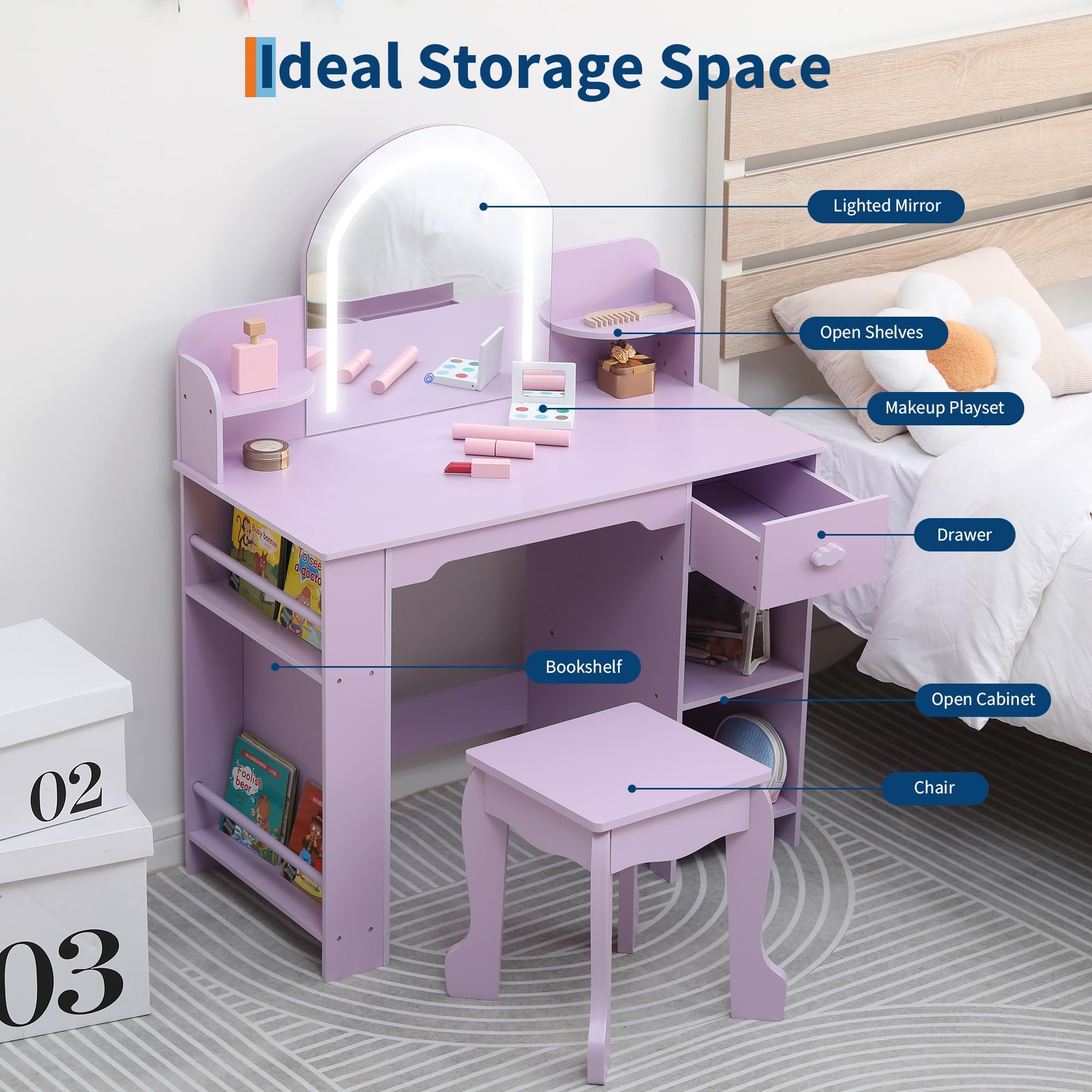 Coiffeuse Enfant avec Miroir LED, Tiroir Et Tabouret