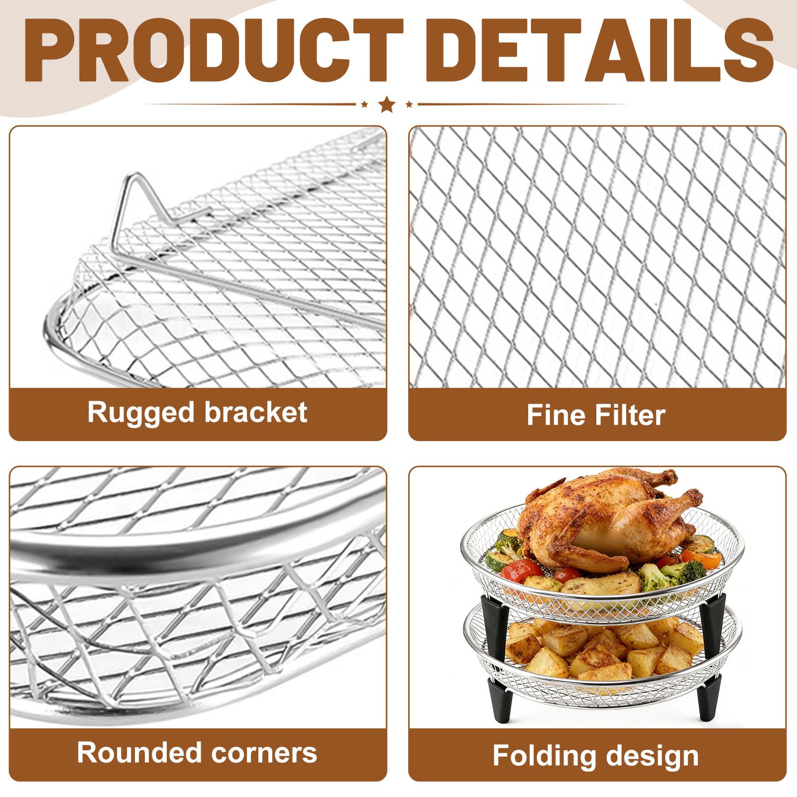 Airfryer Zubehoer, Heißluftfritteuse Zubehör Rund,Stapelbare Airfryer Gitter für Heißluftfritteuse,Air Fryer Grillrost Edelstahl 304,Einsatz für Heissluftfritteuse,für Ninja/COSORI/Philips (18cm-B)
