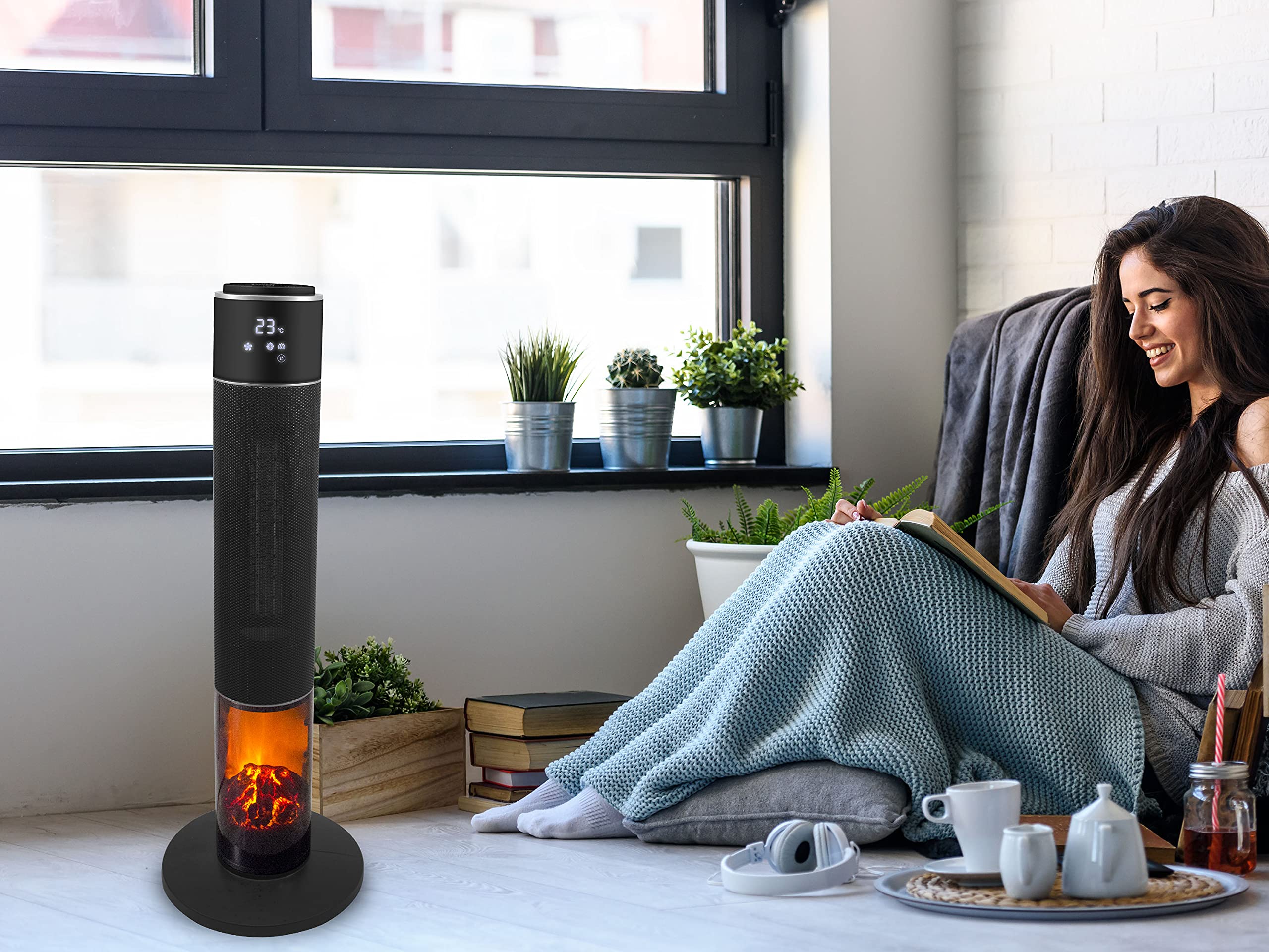BEPER P203TER001 Termoventilatore Ceramico a Colonna con Telecomando, Timer e Oscillazione Automatica - Termoventilatore Basso Consumo con Luce LED ad Effetto Fiamma, Nero