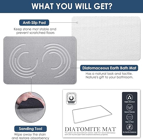 Miniatura 6 de Tapete de baño de piedra para baño, súper absorbente, tierra de diatomeas, antideslizante, de secado rápido, para baño, cocina, mostrador, 23.6 x