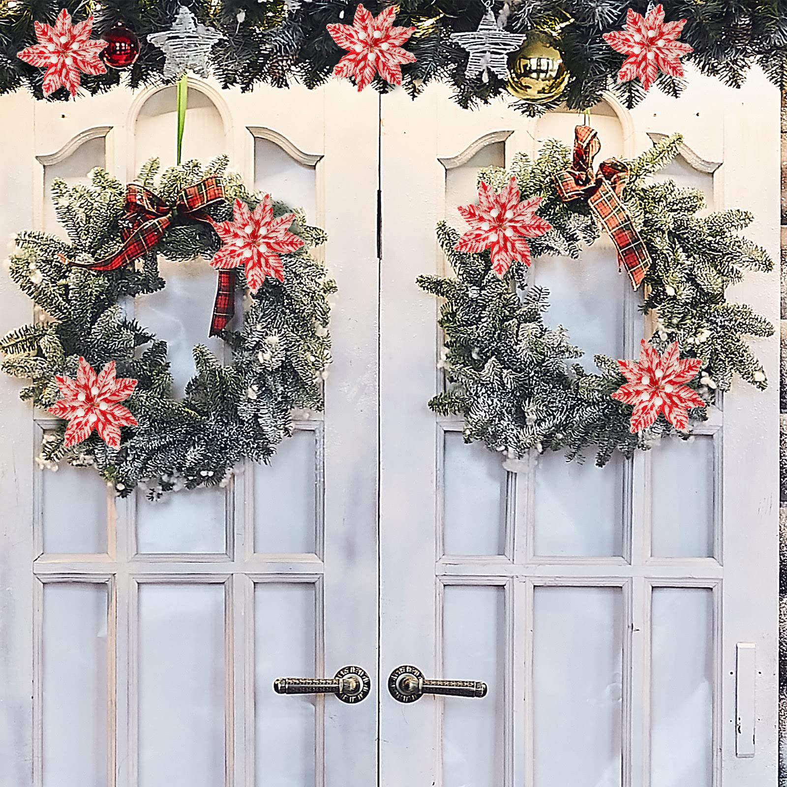 Künstliche Weihnachtsstern, Weihnachtsstern, Dekoration, Weihnachtsblumen, Schnee-Spray, Weihnachtsbaum-Plektren, dekorativer Weihnachtsblumenstiel für Weihnachtskranz-Dekorationen (24 Stück, 14 cm)