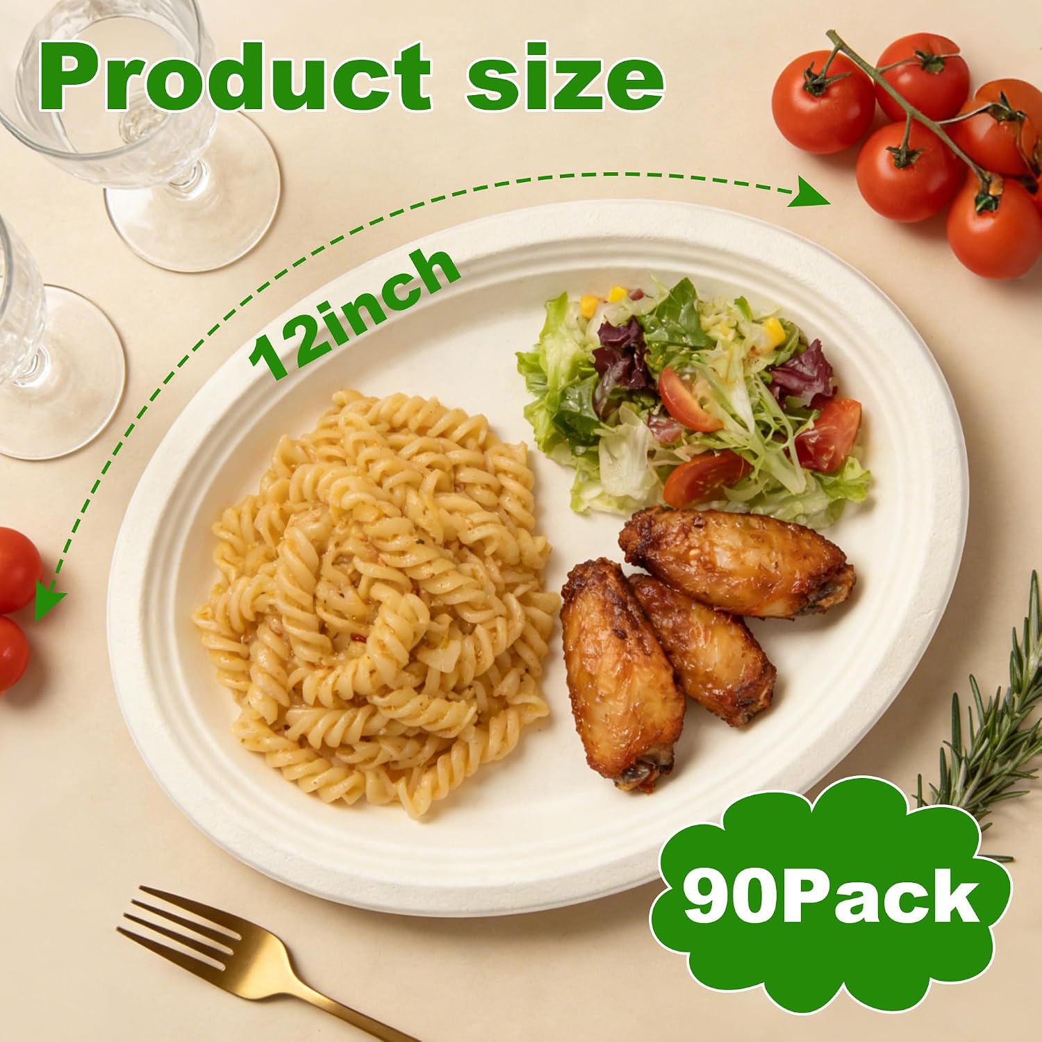 SIBAO 12.5" Compostable Heavy Duty Oval Paper Plates,90 Count Large Paper Plates, Biodegradable Bagasse,Heavy Duty Dinner Platters For BBQ,Picnic,Party,Microwave Safe,White