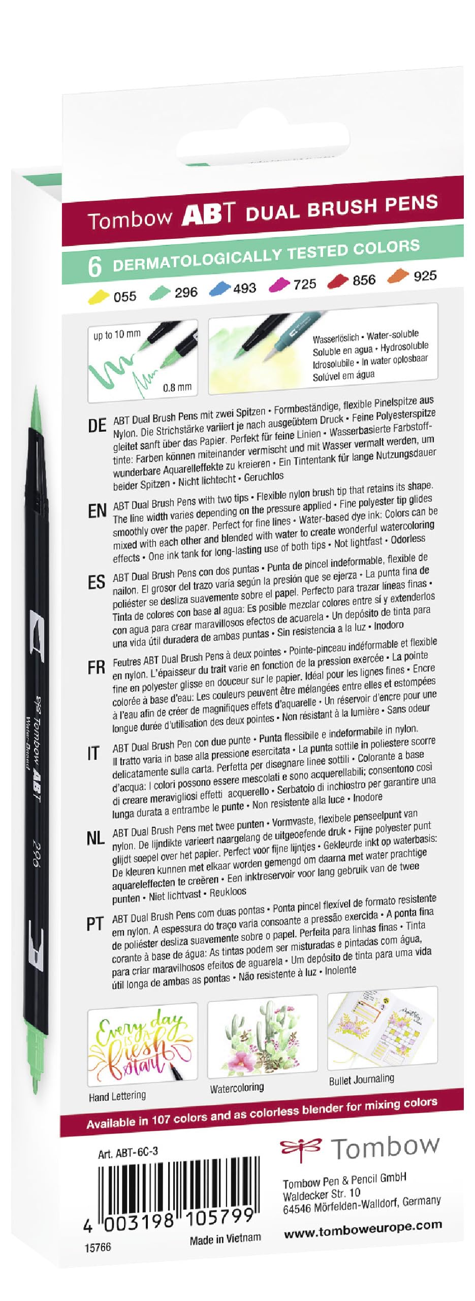 Tombow ABT Dual Brush Pen, testowany dermatologicznie, pisak z dwoma końcówkami, idealny do ręcznego pisania i Bullet Journal, wodorozcieńczalny, ABT-6C-3, zestaw 6 sztuk