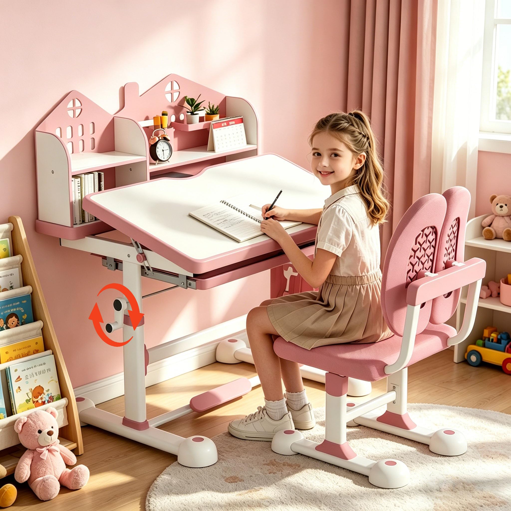 JMGJOY Kids Desk and Chair Set Height Adjustable Kids Study Table and Chairs Student Writing Desk with 45° Tiltable Desktop, Storage Drawer, Shelves, Pen Slot, Hook for Children Ages 3-12 Years, Pink