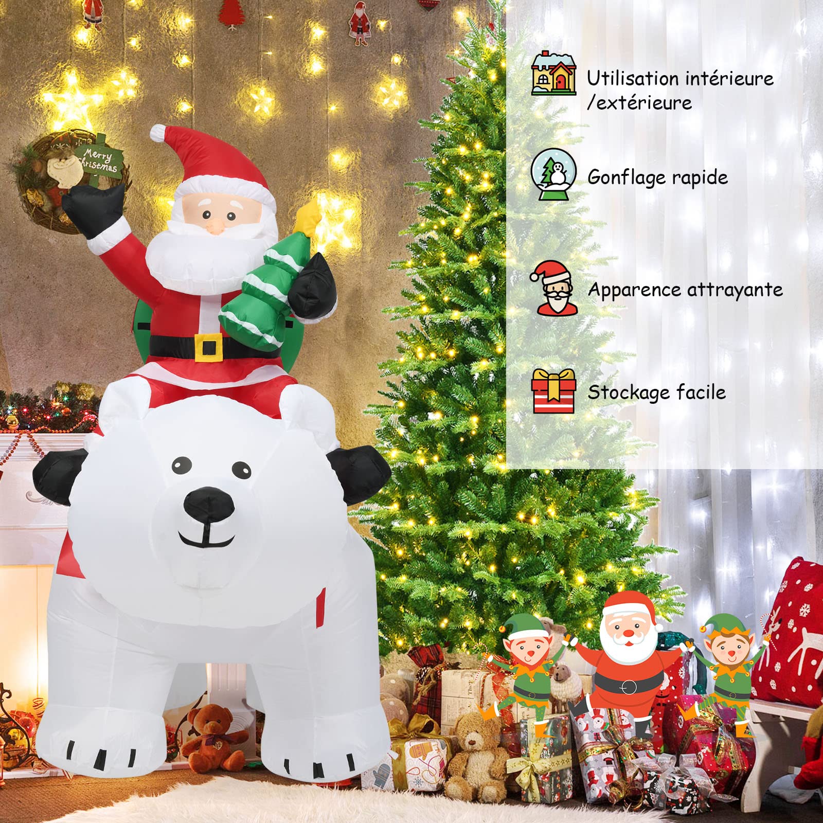 RELAX4LIFE 2M Père Noël Gonflable et Ours Polaire Soufflés, Décoration de Noël Gonflable en Polyester avec 4 Lumières LED pour Jardin & École & Magasin