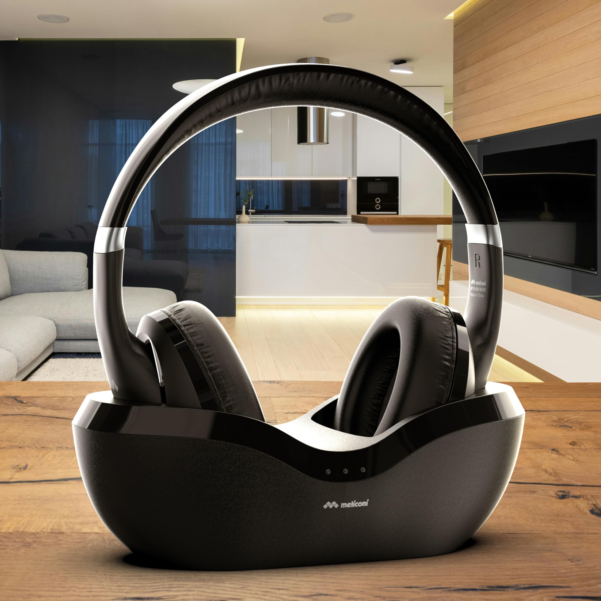 Meliconi Flash Base, Cuffie Tv Wireless Bluetooth 5.3 e 75hr di Autonomia | Cancellazione Rumore, con Base di Ricarica, Multipoint Connection, Portata 10 mt, Utilizzabili Anche con Cavo AUX