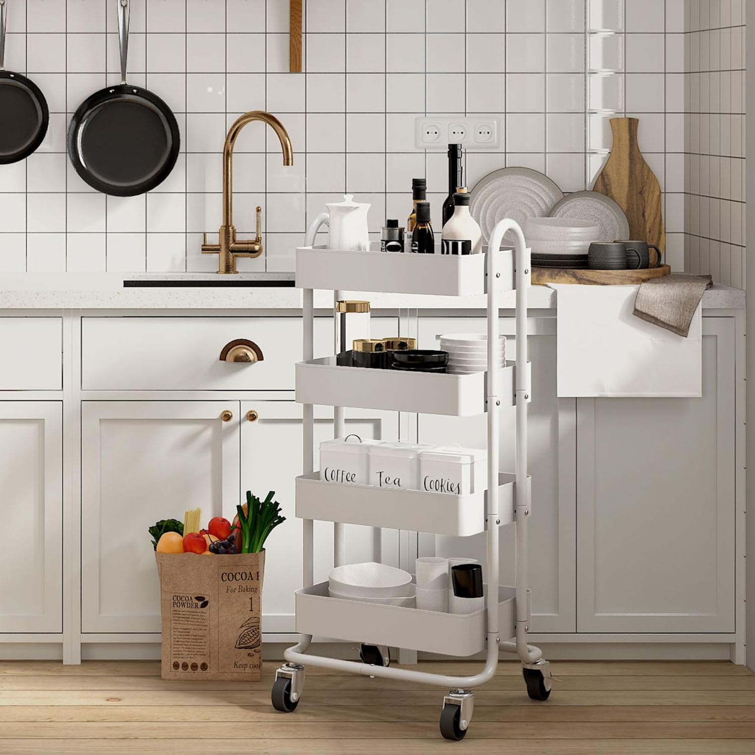 4-Tier White Rolling Cart,Metal Utility Rolling Cart with Handle,Steel Multifunction Rolling Carts with Wheels,Kitchen Storage Carts Suitable for Office,Home,Kitchen,Garden(13.4"x18.1"x40") White