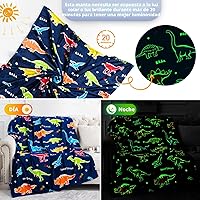 Vista 3 de Jekeno Manta de dinosaurio que brilla en la oscuridad, manta de regalo de dinosaurio para niños y niñas, cumpleaños, Navidad, Halloween, decoración