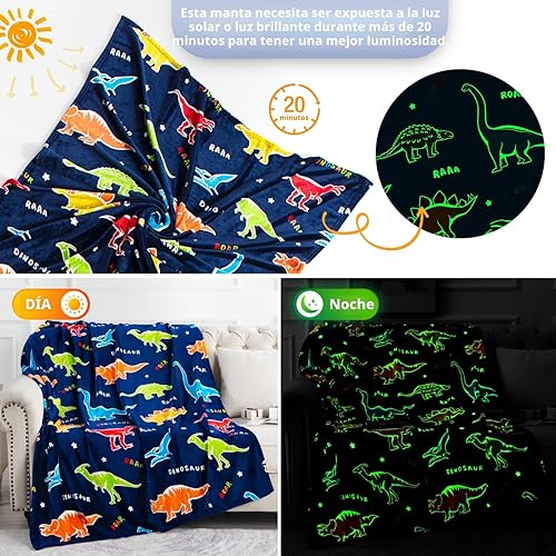 Miniatura 3 de Jekeno Manta de dinosaurio que brilla en la oscuridad, manta de regalo de dinosaurio para niños y niñas, cumpleaños, Navidad, Halloween, decoración