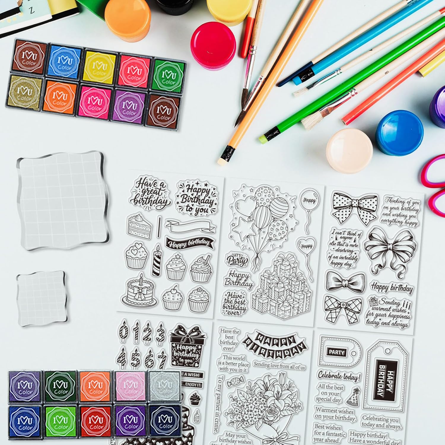 6 Pcs Clear Stamps for Birthday Card Making Supplies, 20 Ink Pad, 3 Acrylic Stamp Block, Silicone Stamp with Birthday Word Candle Banner Cake Stamps for Crafting DIY Scrapbooking Journal