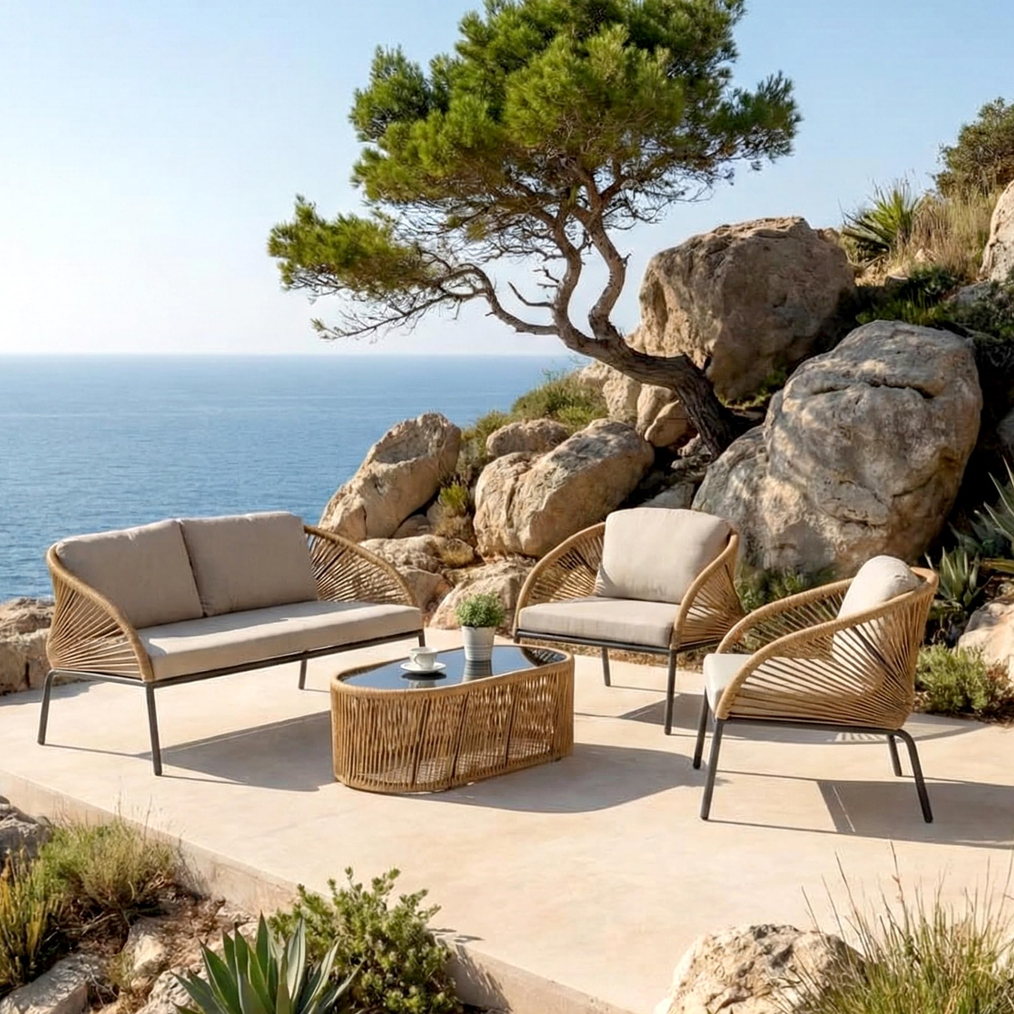 BRISHI Outdoor Sofa Set | Balcony Sofa | Patio Furniture Sets | Conversation Sets | Braid & Rope Garden (4 Seater- Light Brown)