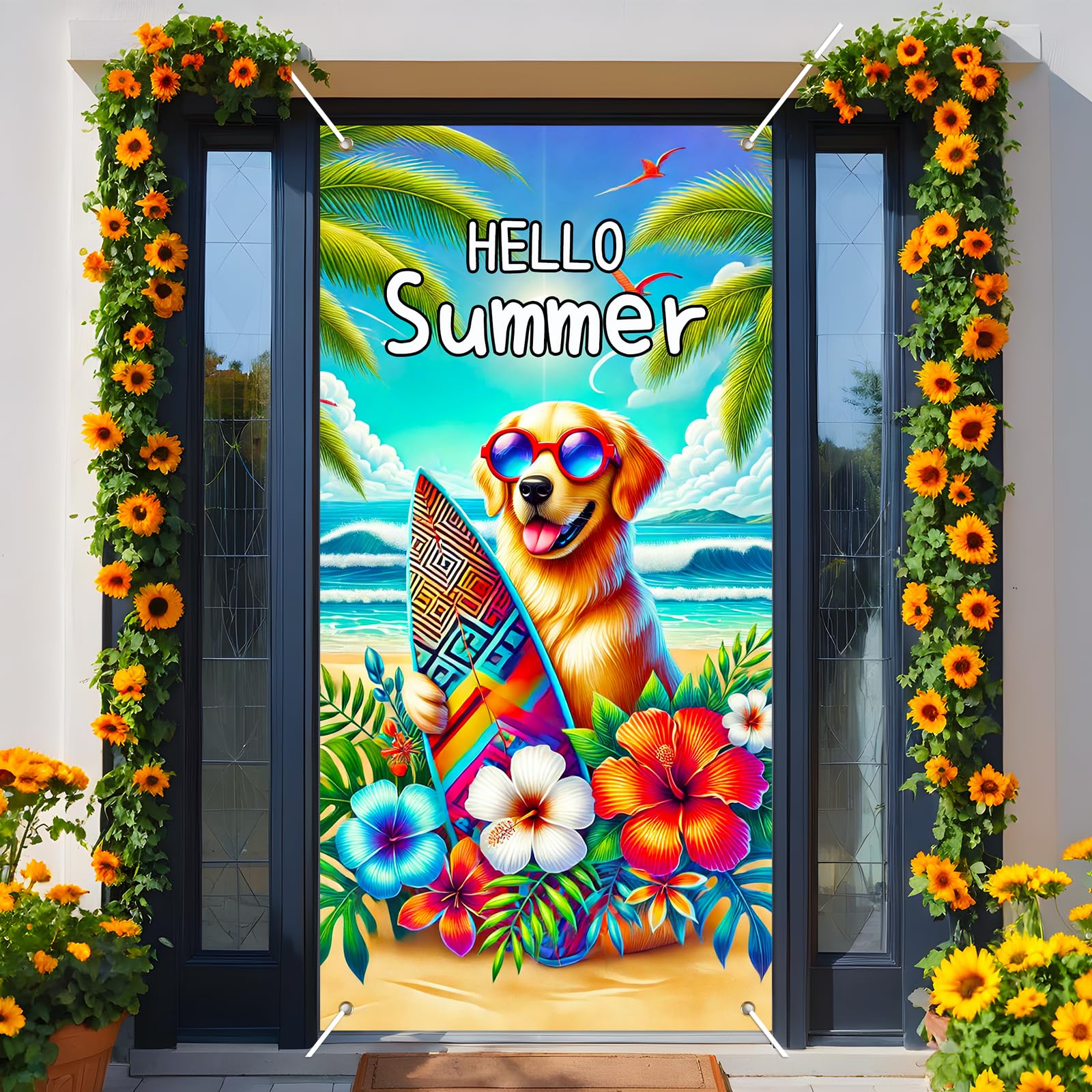 BlissYard Hello Summer Door Cover Golden Retriever Door Banner Decorations 71x35 Inch Beach Backdrop for Front Door Summer Beach Pool Photo Background