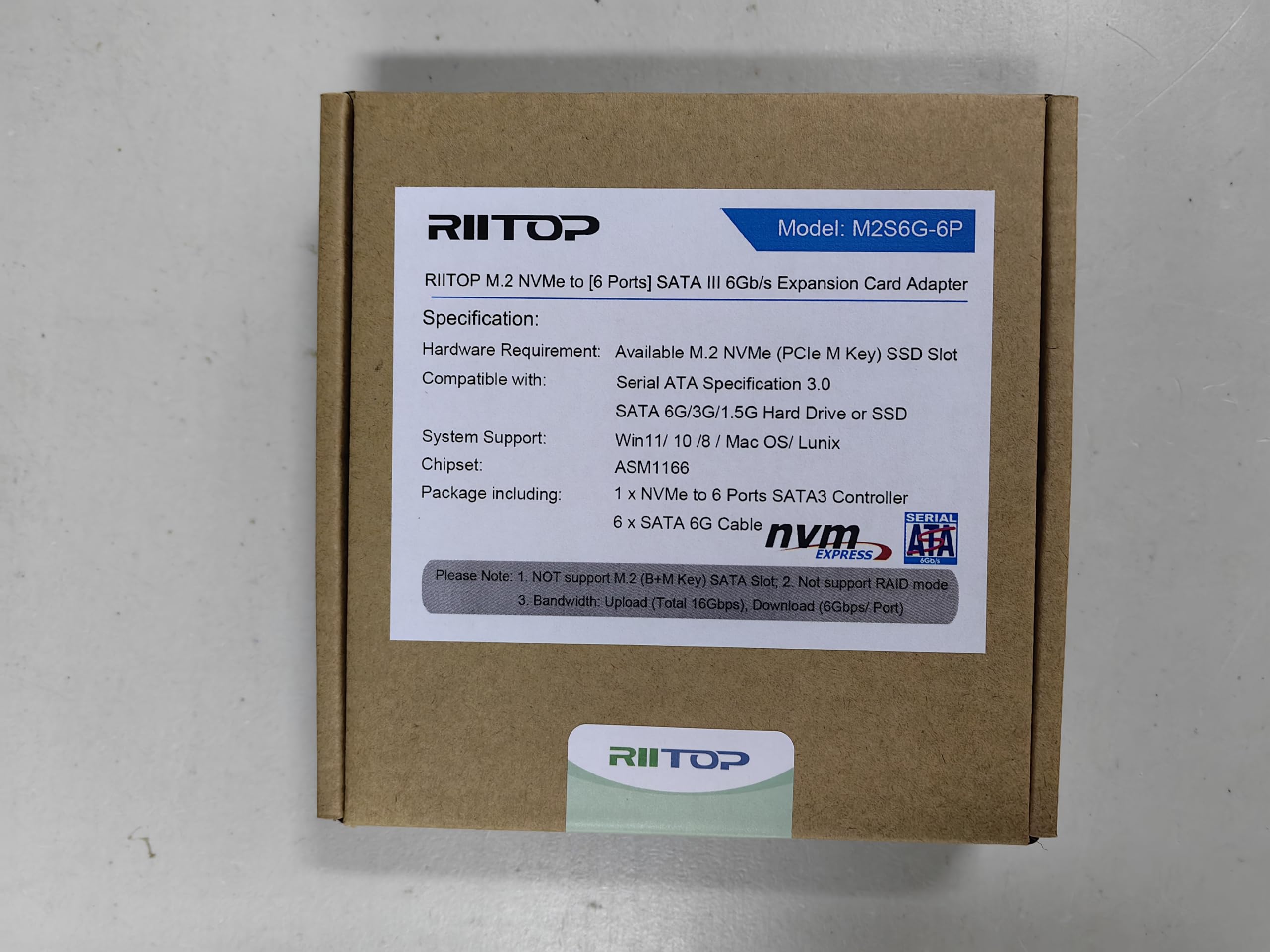 Scheda adattatore M.2 a SATA 3.0 [6 porte], RIITOP M.2 NVMe a 6 porte SATA III adattatore scheda di espansione 6 Gbps con chipset ASM1166