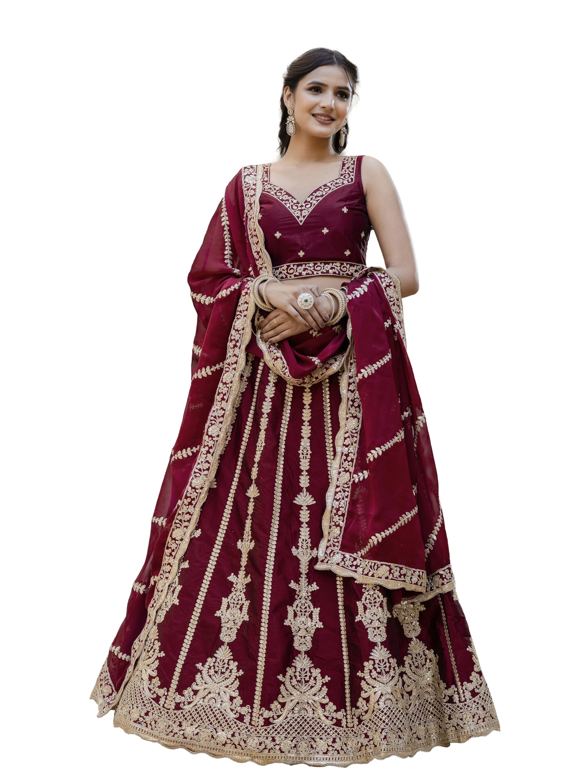 trendmalls Women Art Silk Semi Stitched Embroidery With Golden Sequin Work Lehenga Choli With Dupatta Bridal-picture-45