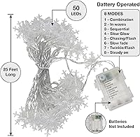 Vista 5 de Holiday Essence - Cadena de luces de Navidad en forma de copo de nieve, 50 luces LED blancas frías, 8 modos, 25 pies, juego de luces