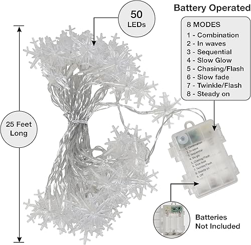 Miniatura 5 de Holiday Essence - Cadena de luces de Navidad en forma de copo de nieve, 50 luces LED blancas frías, 8 modos, 25 pies, juego de luces en forma de