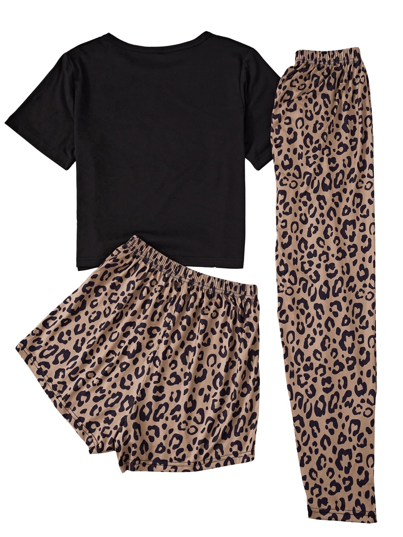 GORGLITTER Conjunto de pijama de 3 piezas para mujer, diseño de leopardo, camiseta y pantalones, ropa de dormir corta con camiseta