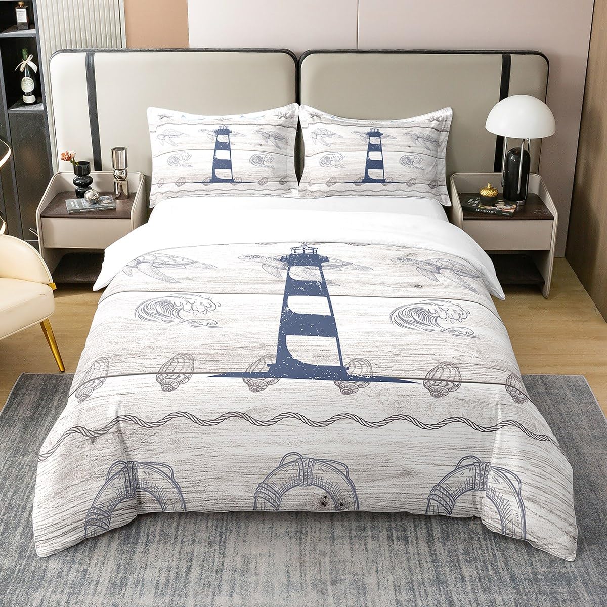 Blue Lighthouse 100% Natural Cotton Bedding Set Super King Size White Wood Texture Duvet Cover Sea Turtle Starfish Wave Comforter Cover Sketch Sailing Adventure Bedspread Cover with 2 Pillowcases