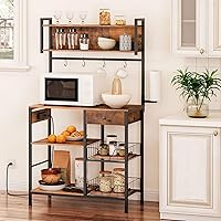 Vista 9 de HOOBRO Estante para panaderos con 4 tomas de corriente alterna, barra de café de 5 niveles con cesta de alambre, soporte para microondas con soporte