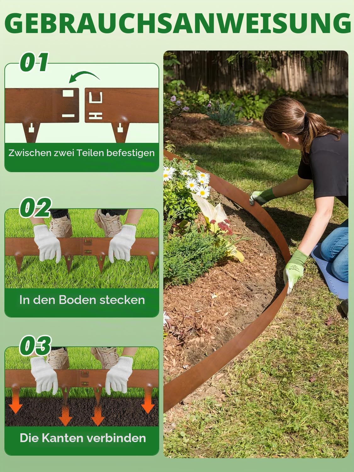 Rasenkante Cortenstahl,10 Stücke 107.5cm Flexible Beetumrandung Beeteinfassung,20cm Höhe Beetumrandung Garten,Biegbarer Mähkante Beetbegrenzung für Gärten,Beete,Wege,Rasen