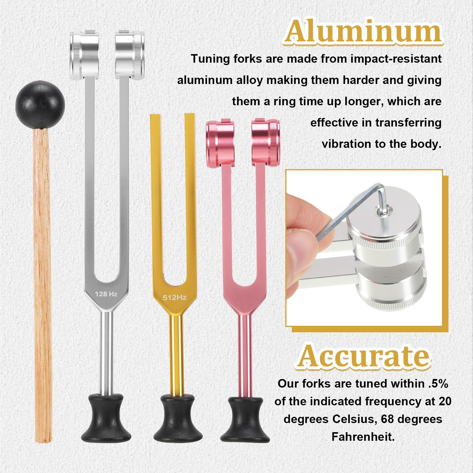 kodivenj Tuning Forks Set, Aluminium Alloy Tuning Fork 128Hz 256Hz 512Hz with Rubber Base and Silicone Hammer - Image 4