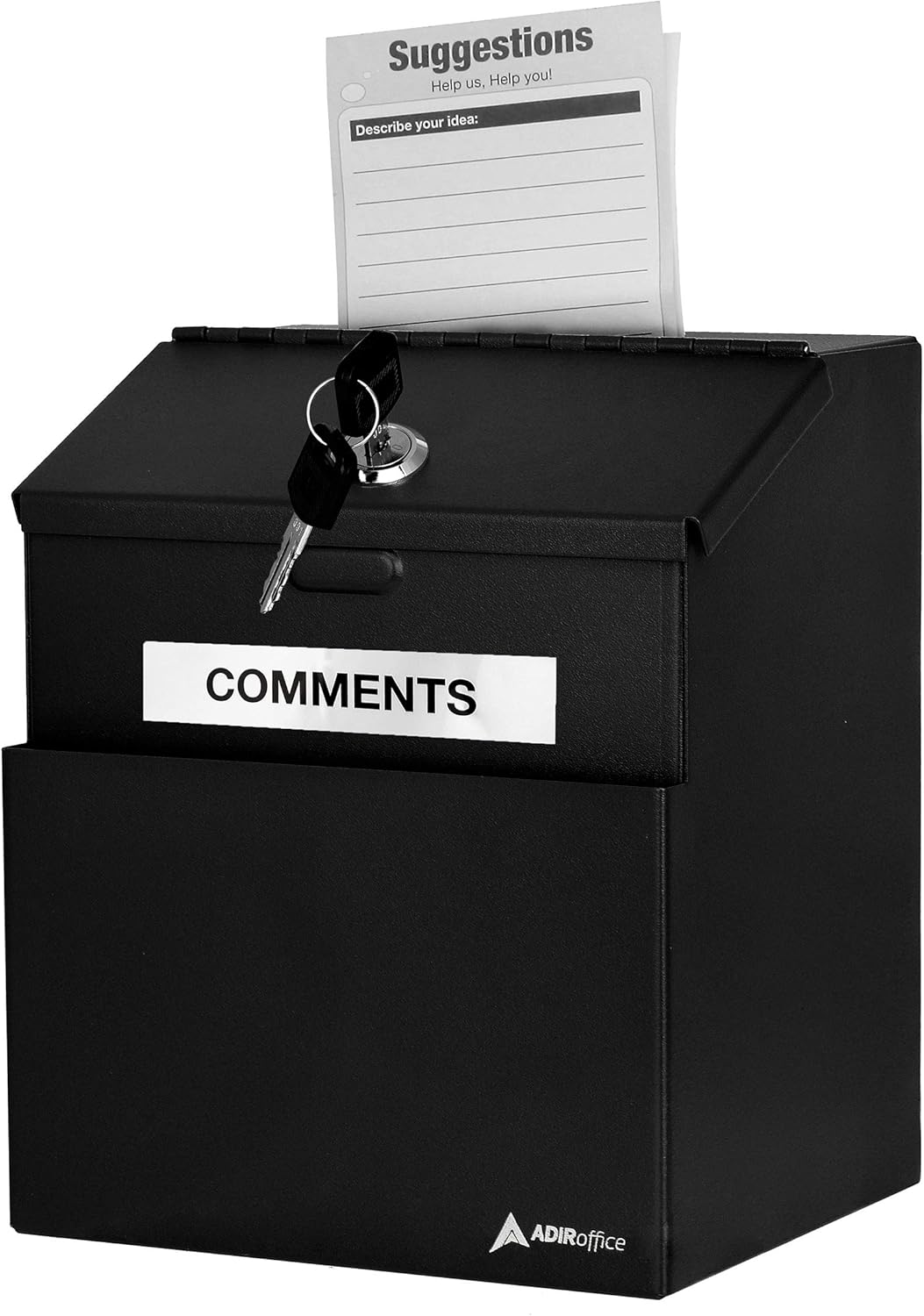 ADIR corp Wall Mountable Steel Suggestion Box with Lock - Donation Box - Collection Box - Ballot Box - Key Drop Box (Black) with 25 Free Suggestion Cards : Office Products