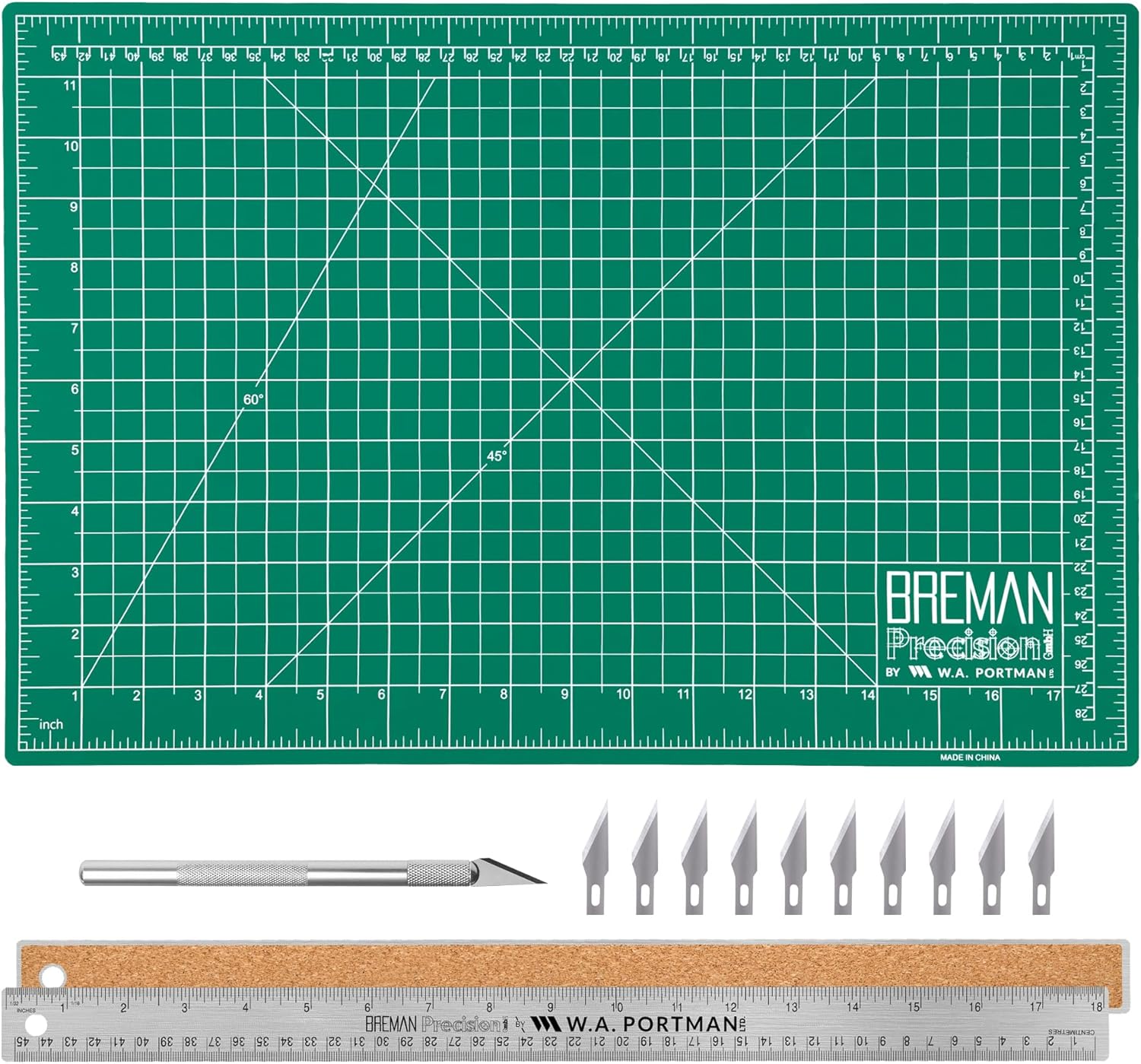 WA Portman 24x36 Inch Self Healing Cutting Mats for Crafts – Fabric Cutting Mat with Precision Craft Knife, 10#11 Hobby Knife Blades & Metal Ruler 36 Inch Cork Backed Ruler – All-in-One Craft Kit