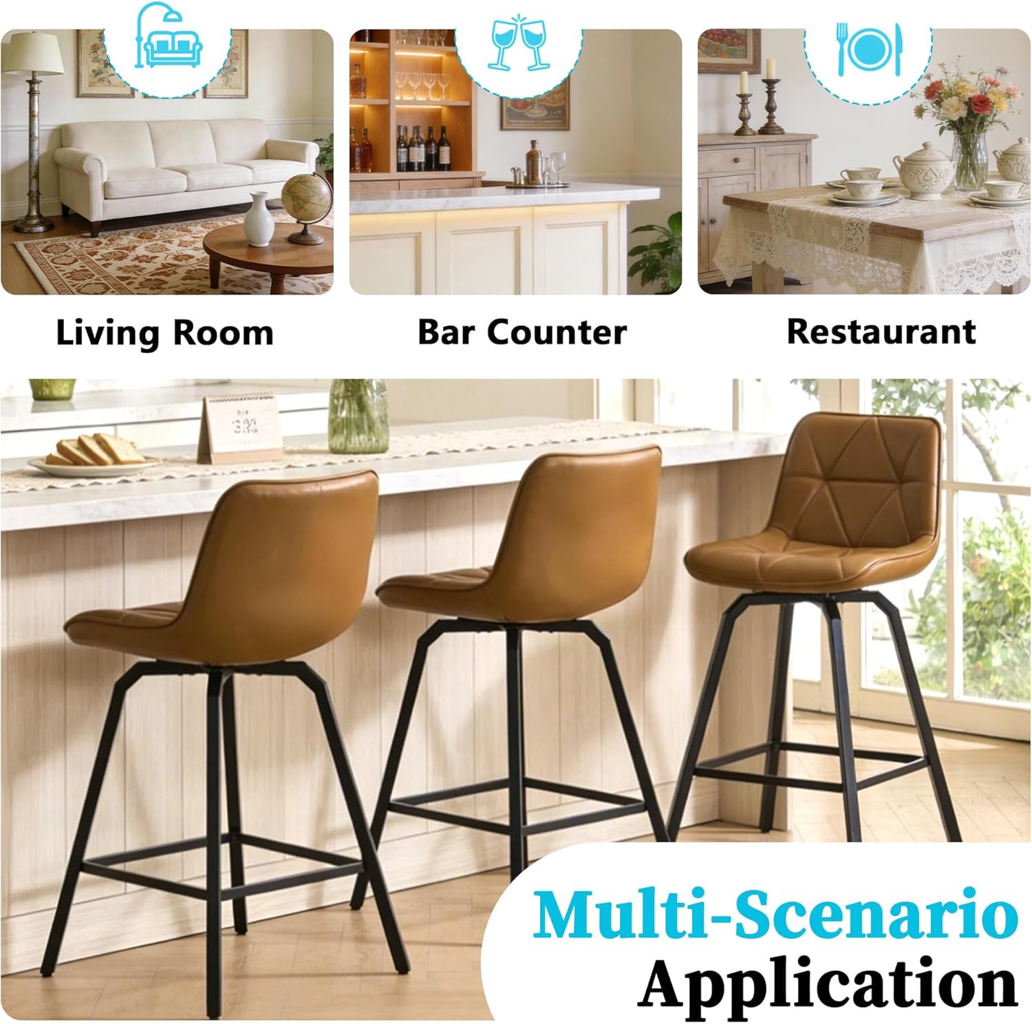 ClinQ 26" Counter Height 360° Swivel Bar Stools Set of 3, Triangular Patterned Faux Leather Seat, Metal Legs Back, Barstools for Kitchen Counter & Island Chairs, Dark Brown