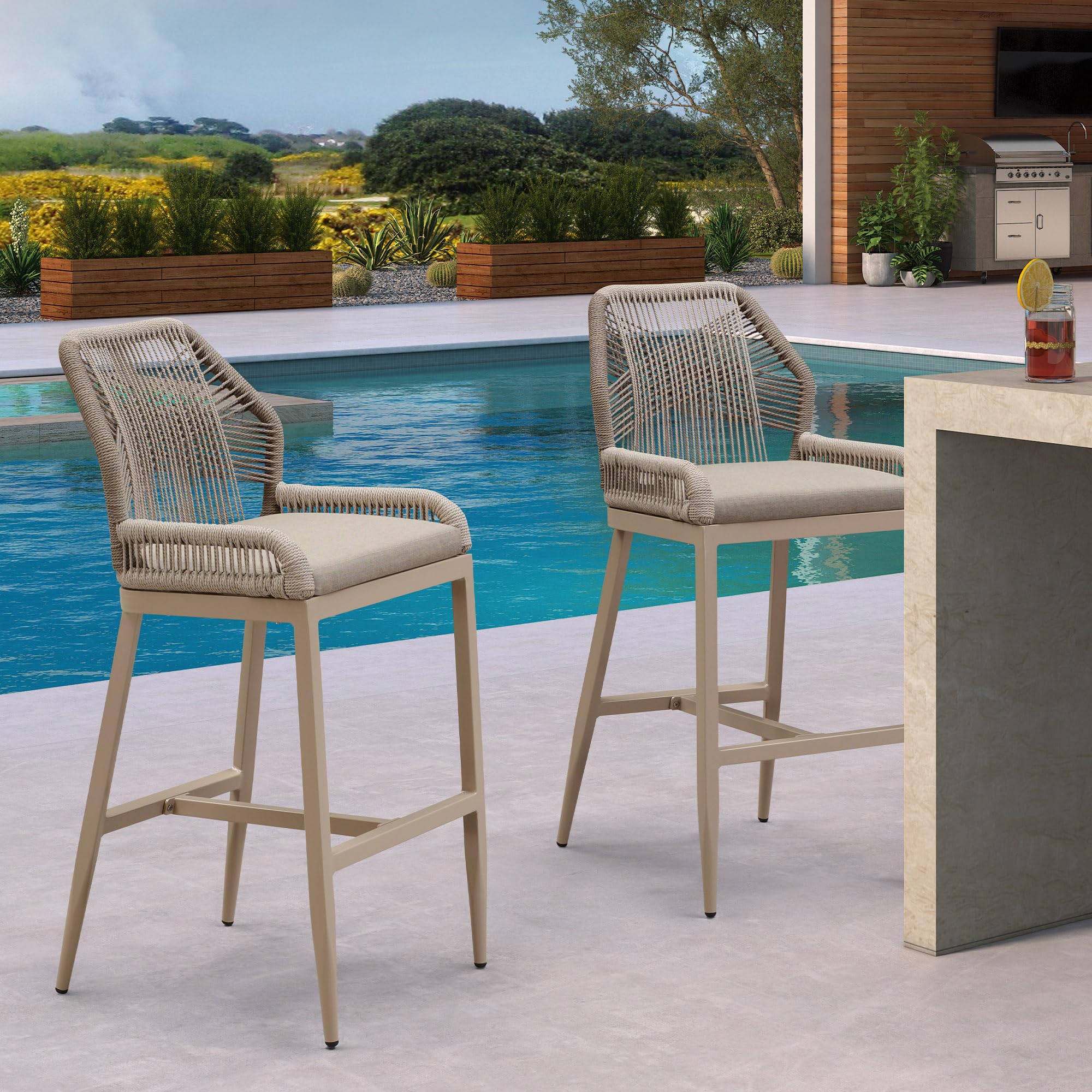 PURPLE LEAF Patio Sunbrella Bar Stools 28" H Set of 2 Handwoven Wicker Bar Height Stool Modern Aluminum High Bar Chairs Outdoor Wicker Barstools with Back and Cushion for Kitchen Pool Island