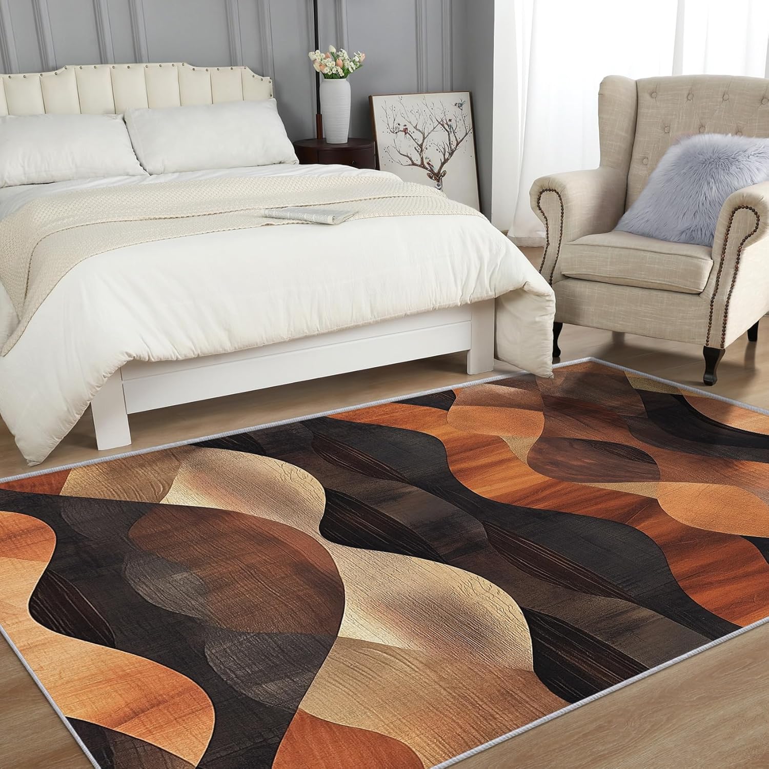 7x9 Swirl Carpet, Retro Wooden Home Decor Area Rug Washable, Abstract Geometric Rug for Living Room, Bedroom, Office, Swirl Gift Non Slip Pet Friendly