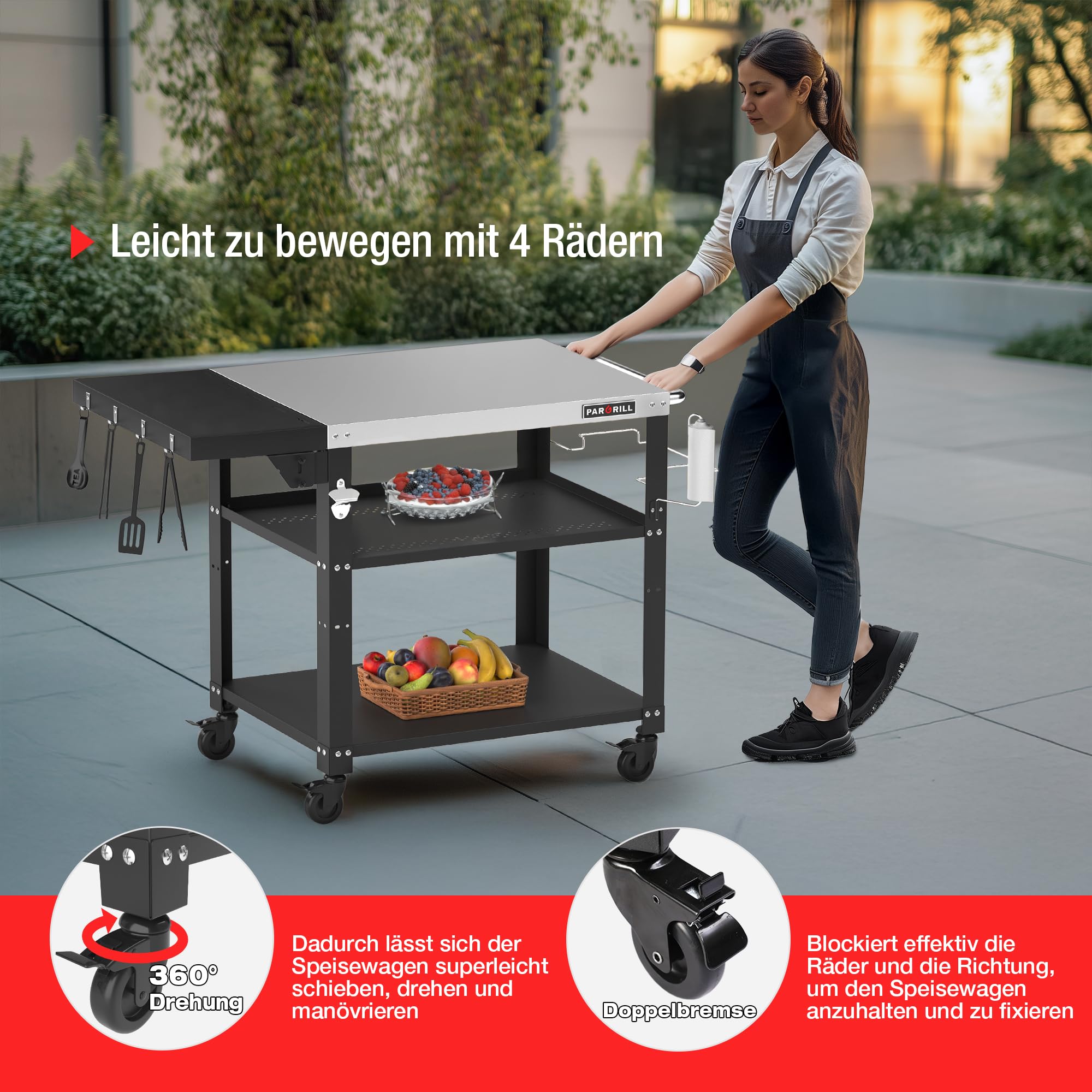 PARGRILL Grillwagen Edelstahl klappbarer Beistelltisch 3 Ebenen 360° Rollen mit Bremse Outdoor Grilltisch BBQ Garten