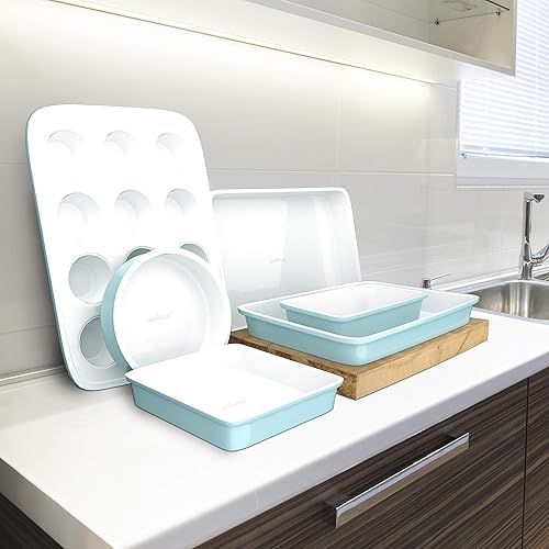 Miniatura 8 de NutriChef Juego de 6 bandejas para hornear para horno de cocina, antiadherentes, atractivas sartenes verdes y bandeja interior blanca, utensilios de