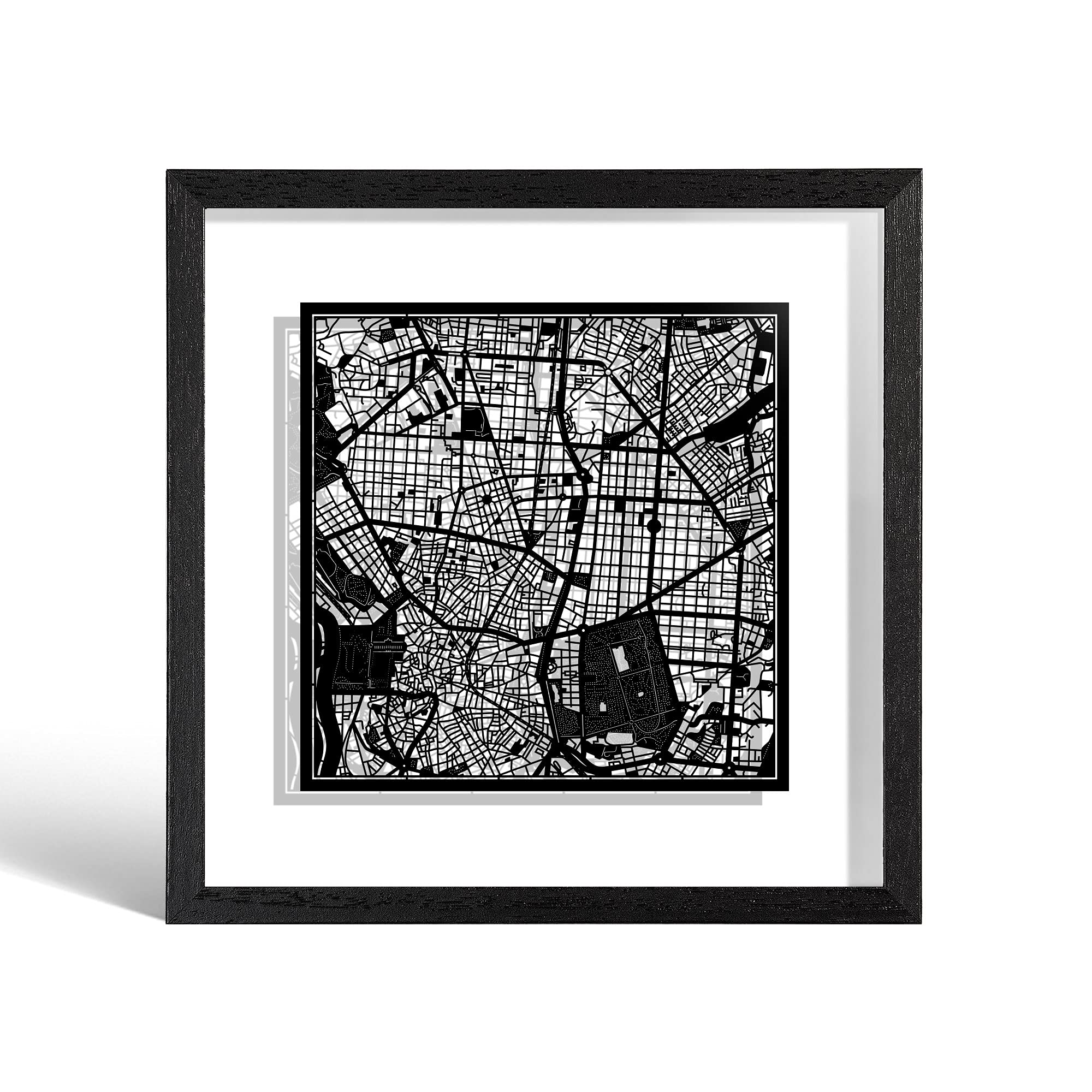 O3 DESIGN STUDIO Madrid Paper Cut Map framed, Black map, Black frame, 23x23 cm, Gift Boxed, 2 background color, self-changing, Paper Art