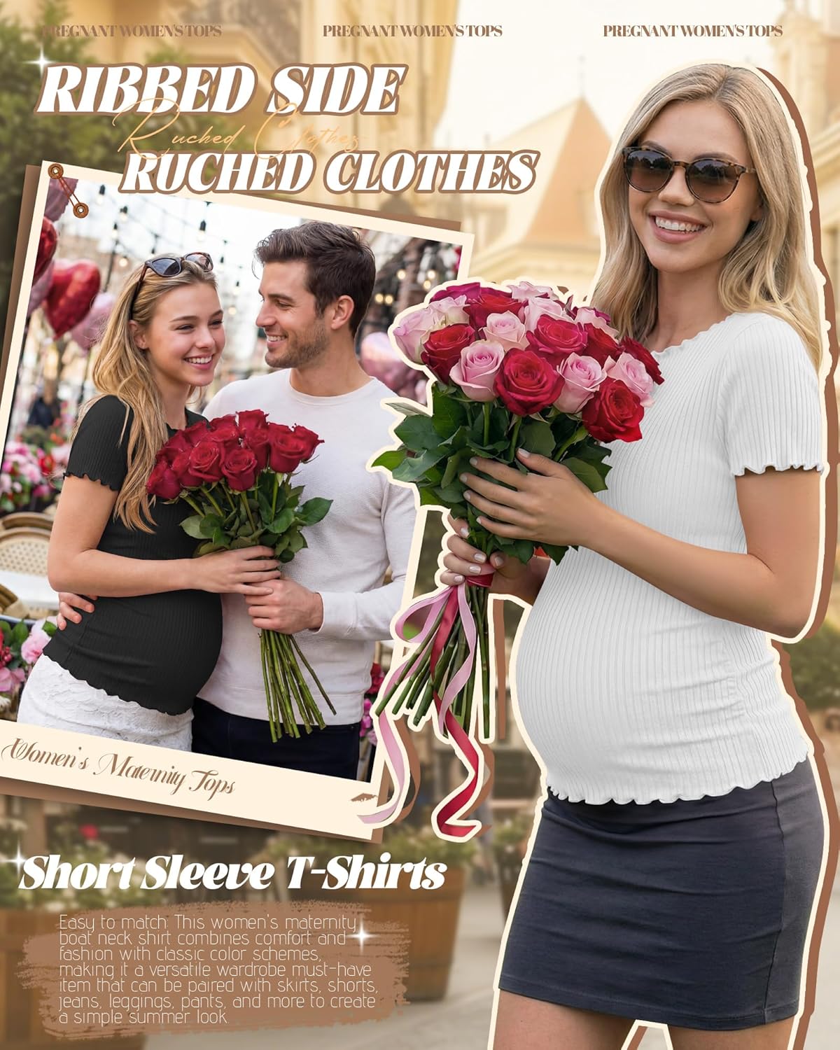 3 Pack Women's Maternity Shirts Pregnancy Cotton Ribbed Tops Women Short Sleeve Side Ruched Boat Neck Clothes