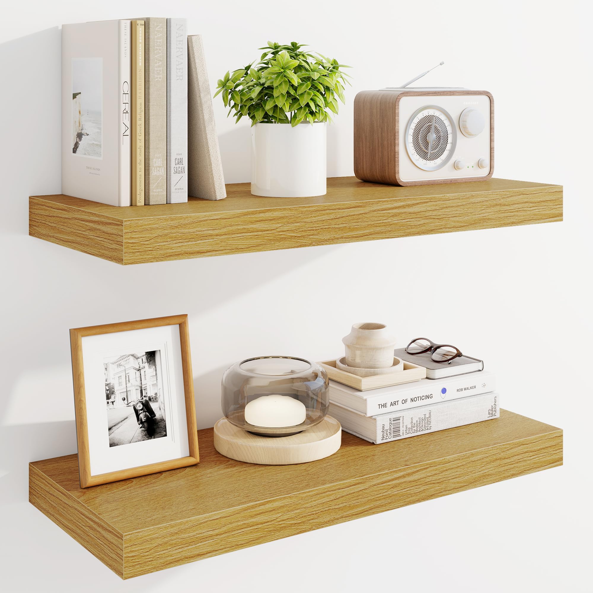 Marsmiles 60cm Floating Shelves for Wall, Wooden Shelves with Invisible Brackets Set of 2, Rustic Farmhouse Wall Mounted Shelf for Kitchen Bathroom Living Room Study, Natural Oak