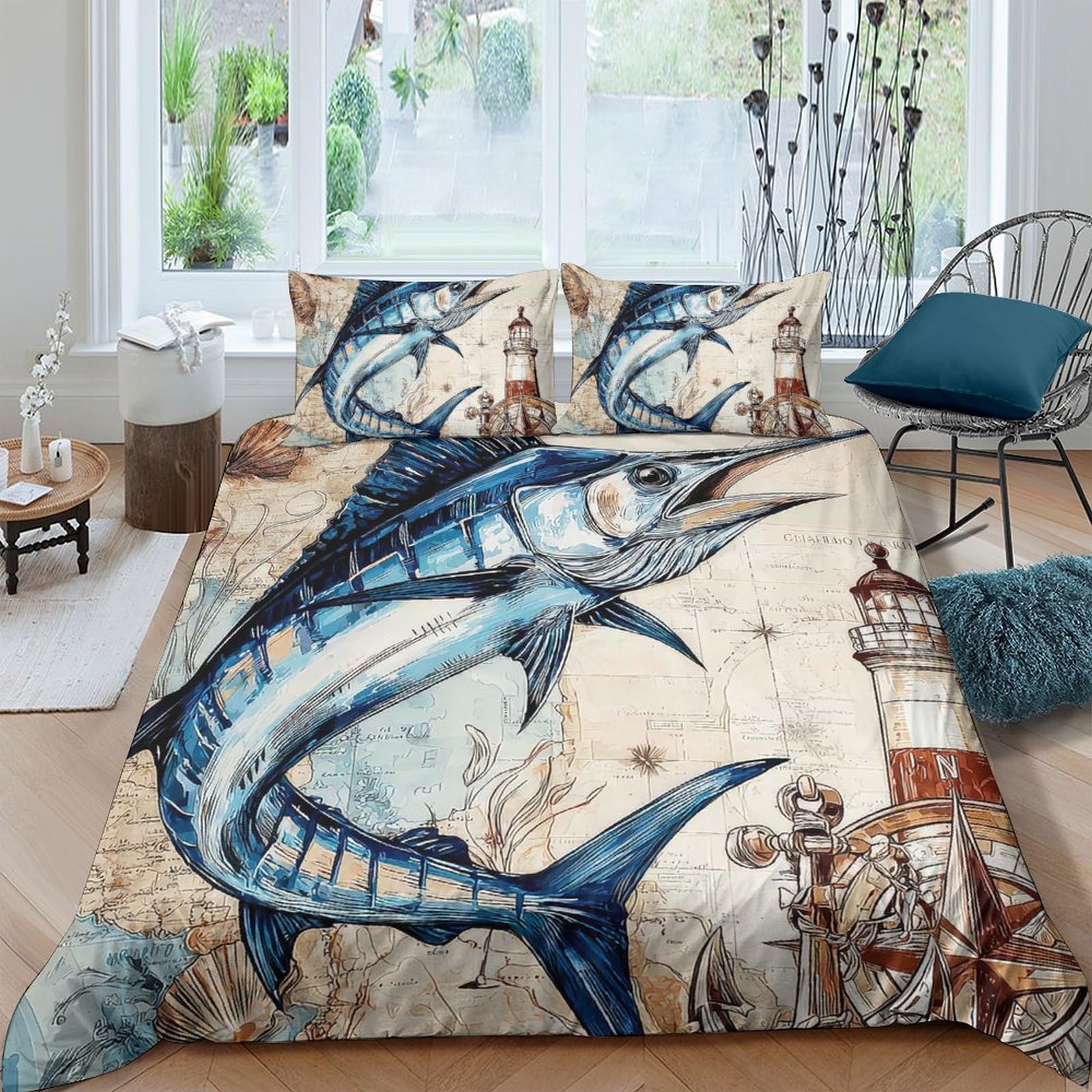 Ctjqhvkz Style-5 3D Printed Ocean Marlin Fitted Sheet Microfiber Nautical Lighthouse Bed Cover For Bedroom Guest Room Decor Single（135X200cm）